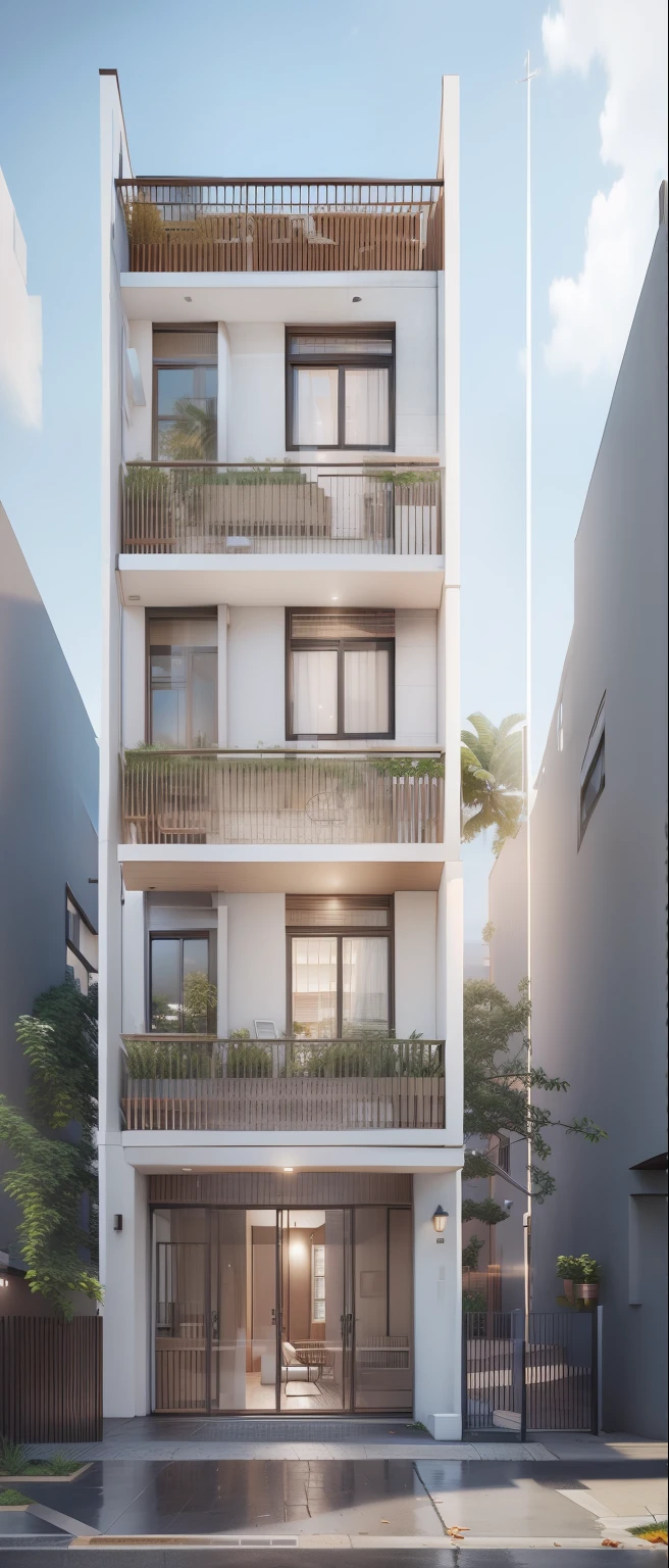 rendering of a modern residential townhouse, professional render, wide angle exterior 2023, highly detailed render, high quality rendering, realistic render, architectural render, high-quality render, detailed rendering, hyper-realistic render, hyper - realistic render, very realistic 3 d render, high render, realistic rendering, very realistic render, peole doing walk, facede  brick and wood