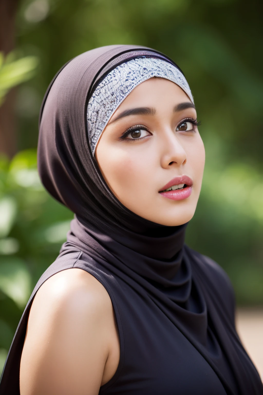 intricate, top-quality,Beautiful detailed hijabi,Bewitching face,(((kerala)))  model,long lashes,Detailed details,Colossal tits,sideboobs,stares at the camera