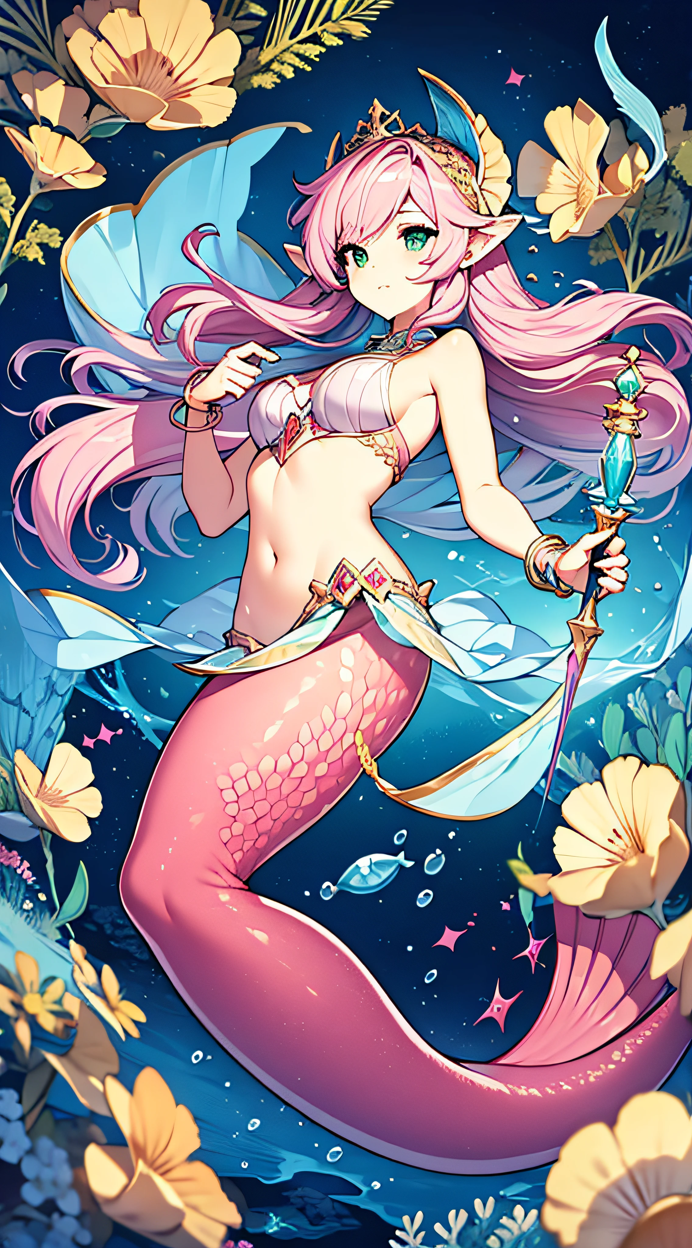 （Perfect masterpiece），Mermaid princess，Whole body diagram，with pink hair，Blue fish tail，Holding conch sword，Fin ears，HD8K，simplebackground，Bigchest，Shell bra，Gold bracelet on the arm，blue gauze shoulder，Wear green gems on your head