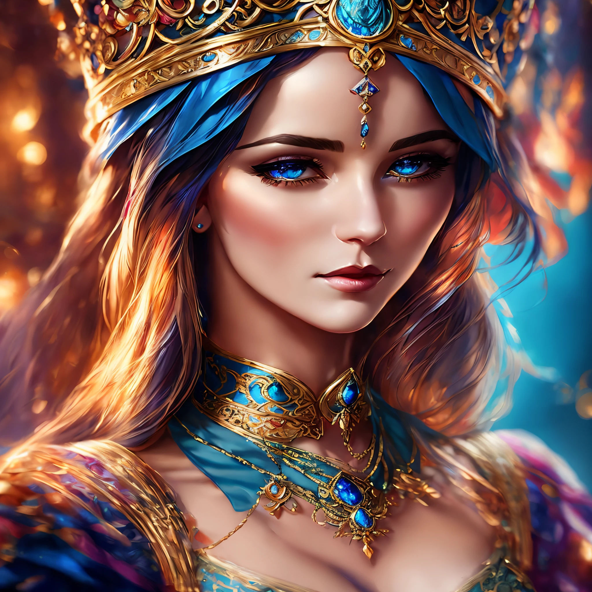 a woman in a blue dress with a tia and a necklace, ornate , a beautiful fantasy empress, fantasy art behance, beautiful and elegant elf queen, beautiful elf with ornate robes, artgerm julie bell beeple, 4k fantasy art, epic fantasy art portrait, epic fantasy art style hd, 8k fantasy art, elegant cinematic fantasy art