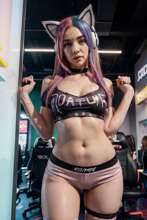 Gamer girl, egirl, tight clothes, skimpy panties, rainbow hair, dyed hair, vibrant hair, cum dripping down chin, cum leaking from mouth, cat ear headphones, at comiccon, busy background, ite girl, very pale skin, looking nervous, on knees, holding gaming controller, face coated in cum, sweaty, wet, four men standing over her, big cocks near her face