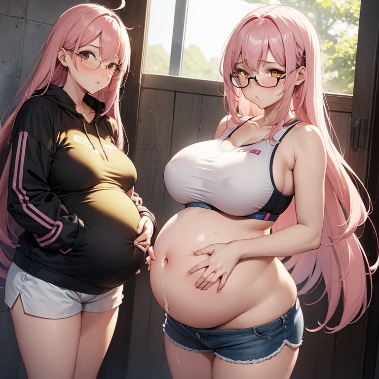 Full body girl, pregnant, cum on thighs, huge belly, cum on belly, huge breasts, cum on breasts, yellow eyes, glasses, shy, tsundere, embarrassed, pout, straight long hair, pink hair, visible belly, thight sports bra, very thight shorts, best quality