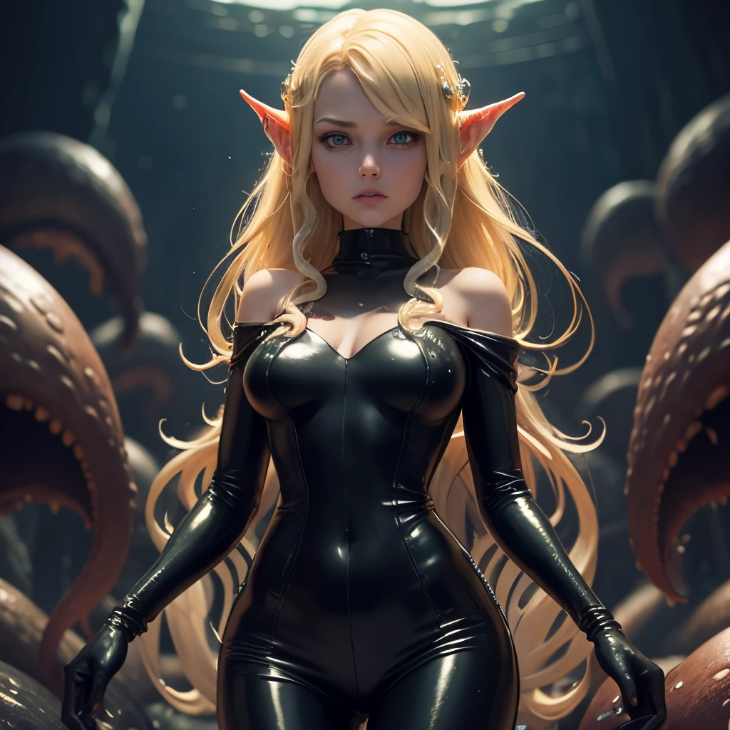 Half immersed in monstrous slime, body of an adult blonde elf, woman in black leather jumpsuit, Full growth in the frame. Slime monster tentacles cover the body. higly detailed.