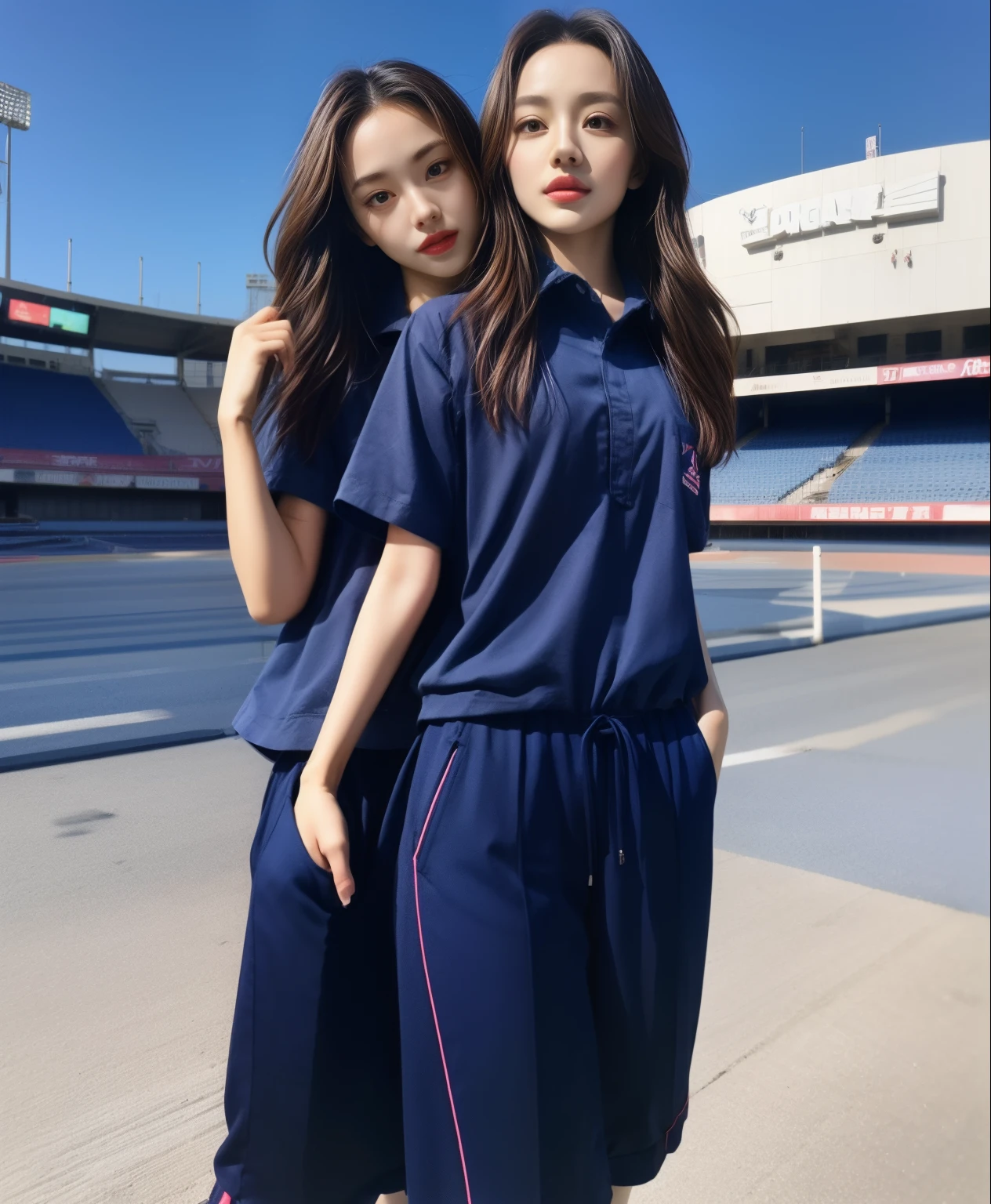 (bestquality,10,10,highres,masterpiece:1.2),ultra-detail,(Realistic,photorealistic portrait,photo-realistic:1.37),1 Cute girl in the football field,oily shiny skin,bara,light smile,BDclothelue shirt:1.3)),short sleeves,shirt, trousers.,(navy_long_Pants Track:1.1), ((Stadium Background:1.3)),dynamic angle,excited,face focus,Dynamic Poses,from behide,Ass Focus,masterpiece, bestquality, ultra realistic, hyper-detail, 8k resolution, RAW photo, crisp focus, ((Navy blue shirt:1.1)), short sleeves, Long Path, Perfect body, 2 mature women, 18yo, cinematic light,Blue sweatpants,Gymware,Correct anatomy,Complete body, Correct body, sharp face, Anatomically correct body, full entire body, Realistic gestures, long-haired, Realistic poses,Wear long shorts..............................,Long leg span,Shapely,Sculpting Girl, Slender Figure, mannequin mannequins, Shapely, Beautiful body,Blue sweatpants, Two girls kissing