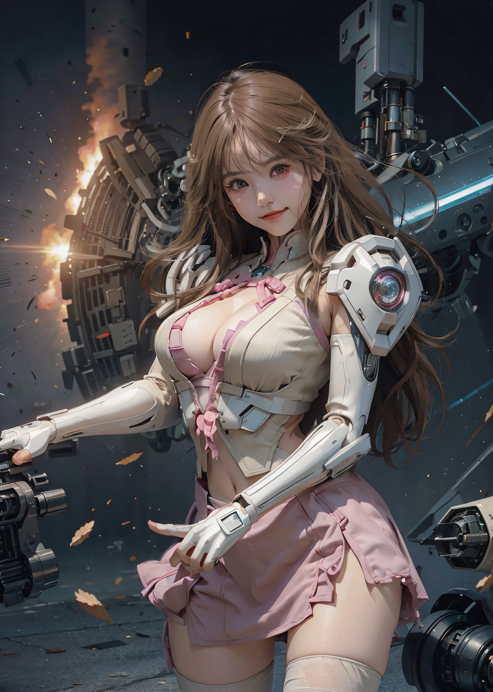 Textured skin, Super Detail, high details, High quality, Best Quality, hight resolution, 1080p, hard disk, Beautiful,(Gundam),beautiful cyborg woman,Mecha Cyborg Girl,Battle Mode,Girl with a Mecha Body, 20yr old, Smile,Pink ribbon, Colossal tits, She wears a futuristic Gundam mecha,Fulll body Shot