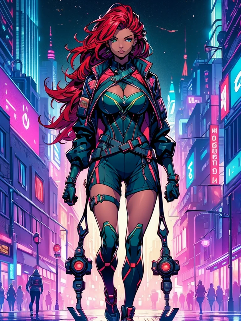 (masterpiece), (best quality:1.4), (perfect anatomy:1.4), high quality, expressive eyes, full body, detailed face, beautiful face, perfect face, 1 girl, breasts, cleavage, gloves, huge breasts, cyberpunk clothes, ultramarine jacket, very long hair, thigh length hair, ({dark skin}), dark-skinned female, detailed ((red hair)), messy hair, green eyes, braid, gloves, jacket, hourglass physique, casual outfit, shorts, dynamic lighting, cityscape background