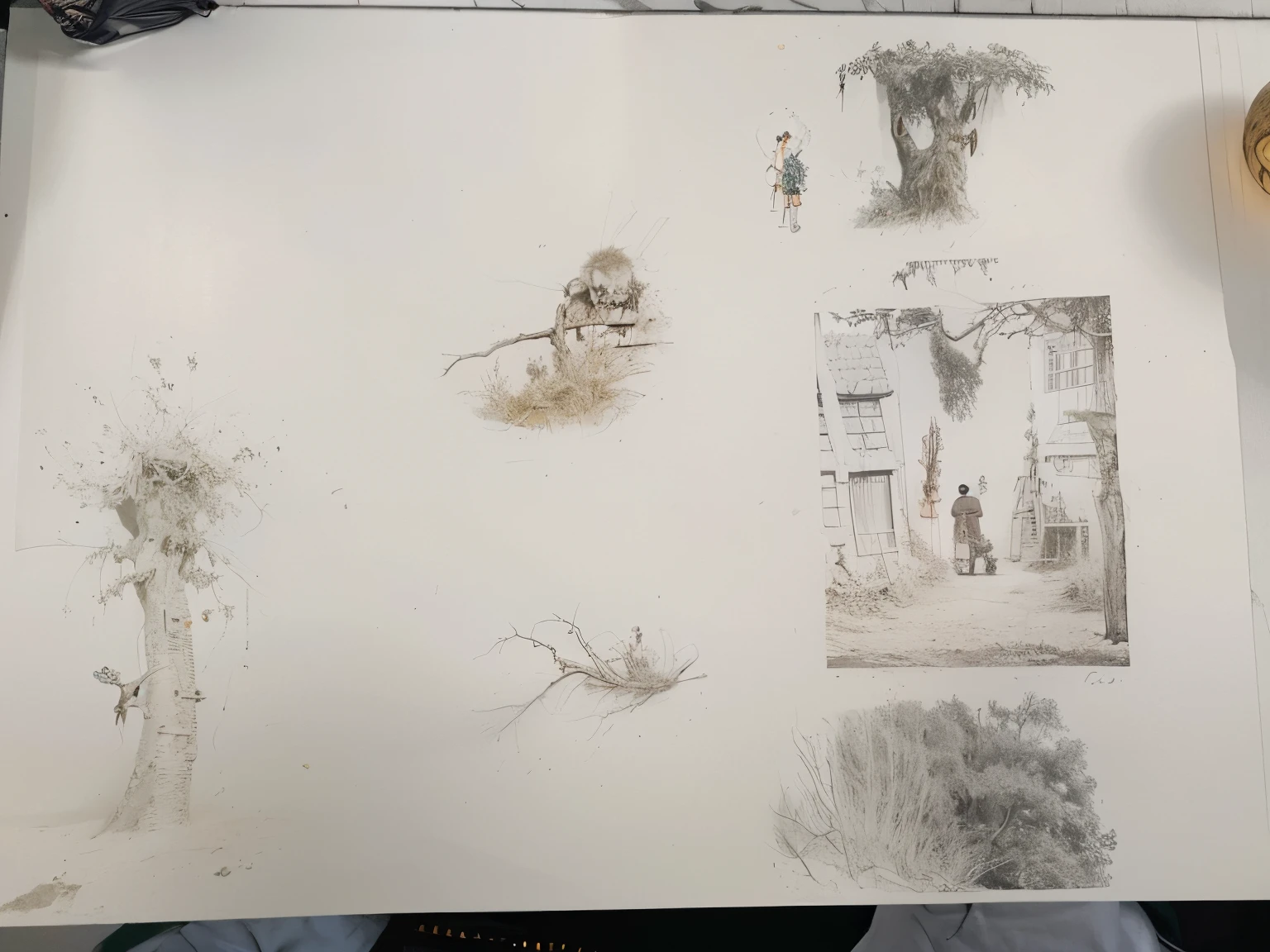 On the left  a mutated large plant，Sent two monsters to attack the tree house on the right，One of the monsters has two skulls，The old man in the tree house on the right climbed up to the roof because he was afraid，It ended up hanging on the eaves，Little girl holding the old man#39;s feet，I want to drag the old man down，The little boy below hurriedly ran into the house，intending to seek help，Orange light shines inside the treehouse，Skeletons hanging on the branches at the top of the tree，The style  line drawing and hand-drawn illustration