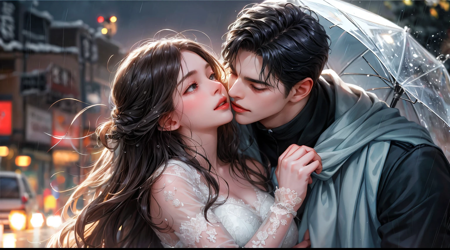 A romantic couple kissing in the middle of a rain-soaked street. The man's coat draped over them, protecting them from the falling droplets. Their lips meet in a passionate kiss, oblivious to the world around them. The woman's hands are clasped behind the man's neck, pulling him closer. Water droplets glisten on their clothes, capturing the raw emotion and intensity of their shared kiss.