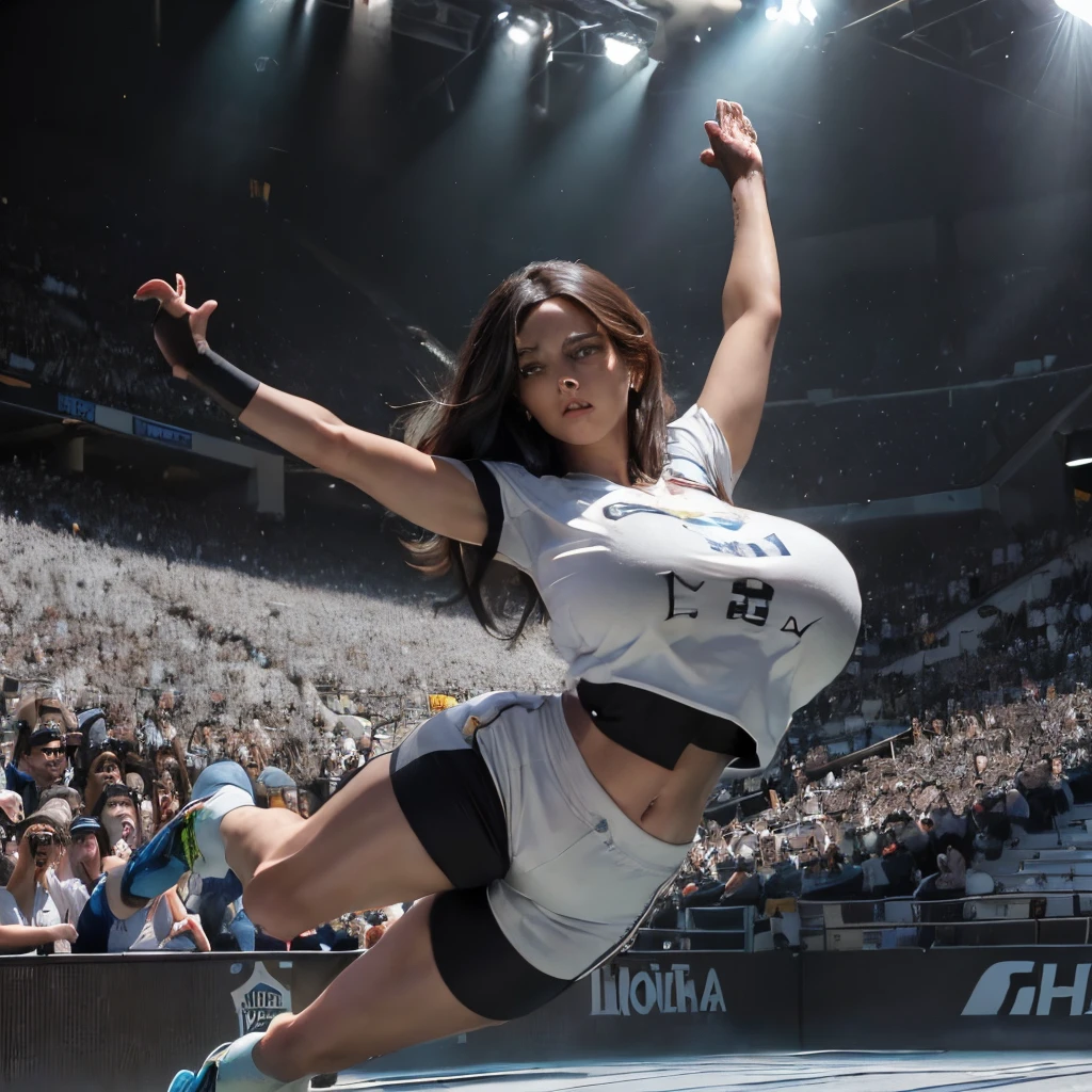 (125-year-old woman (jumping with hands up :1.5), origen argentino, (camiseta deportiva pecho completo de color blanco :1.5) (white full waist sports shorts :1.5), (pezones grandes :1.5), (Mejor calidad), (8k, 32k), (Obra maestra, UHD:1.3), (Foto de glamorosa), (realista), (ultra detallada) (Chica impresionante), (ultrahigh resolution), (fotorrealista: 1.4), (abdominales figura esbelta), (pechos enormes :0.6) (cuerpo perfecto :1.5), (rostro ultra detallado), (labios detallados), (ojos detallados), (二重まぶた), (tetas perfectas), (piel blanca), (cuerpo perfecto), (hermosa), (cara hermosa), (color de cabello negro :1.5), (peinado curis suelto), (vista de cuerpo completo).