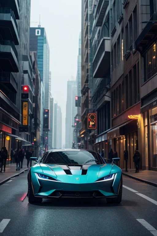 A futuristic sports car on the street of a futuristic city