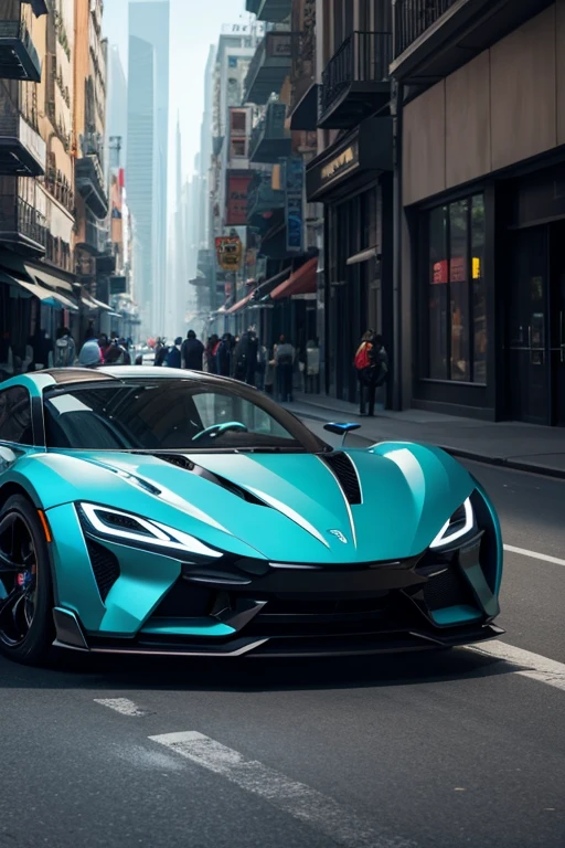 A futuristic sports car on the street of a futuristic city