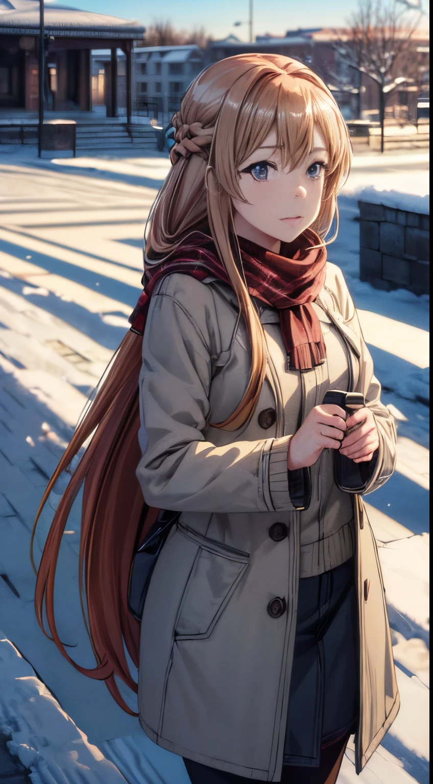 ((Anime,1woman,Best Quality), (Highly Detailed 8K Background, Best Shadow), Highly Detailed, (Beautiful Detailed Eyes), ((Winter Clothes, Daylight, Winter))), (Cowboy Shot), Anime, City, Best Quality High detail, 4K