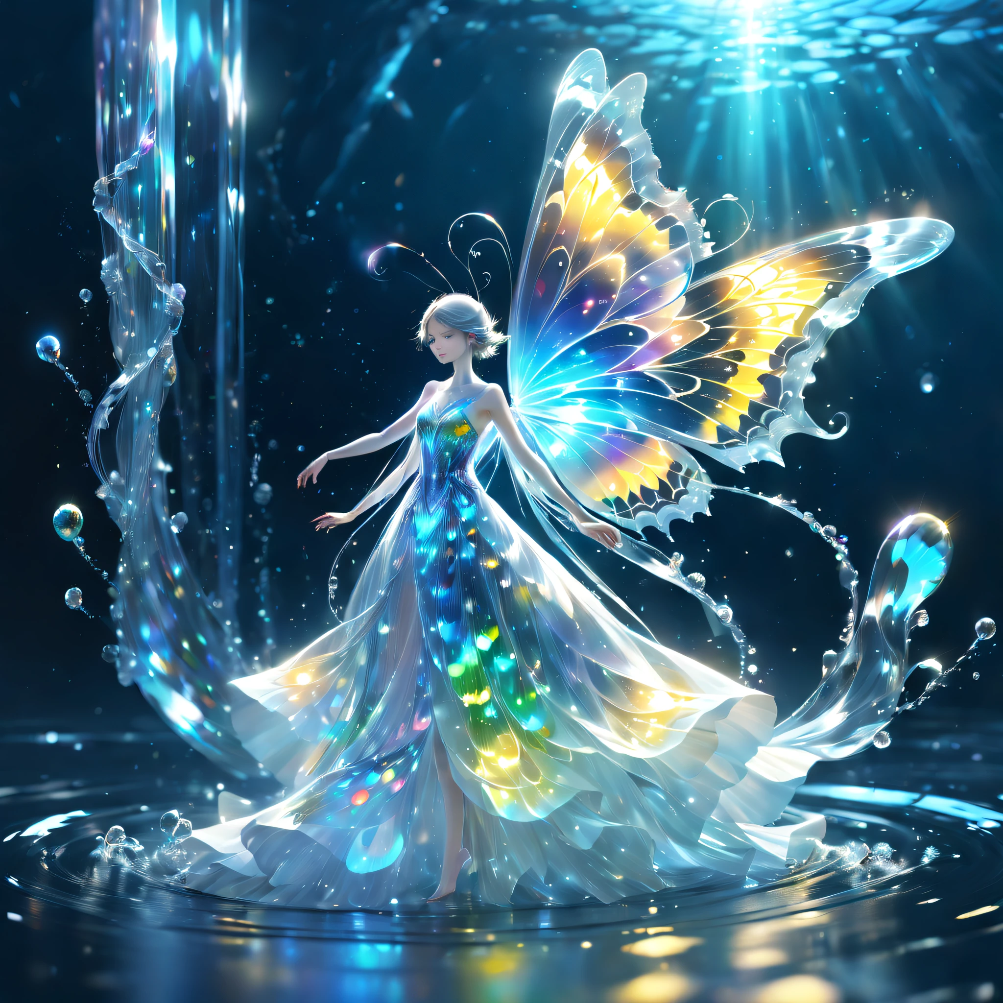 Plunge into the sea：1.5，（Butterfly flapping its wings：1.5），Light Powder：1.5，Crystal butterfly,butterflys,beautiful wings, Transparent body, Sparkling Crystal, delicate tentacles, Colorful, surreal background, ether light, flickering reflection, intricate-detail, Enigmatic atmosphere,dream-like, intergalactic, cleanness, glinting, glinting, Gorgeous, Colorful, Great cinematography, dramatic lights, photorealisim, ultra - detailed, 4K, depth of fields, hight resolution，zoomout：1.8