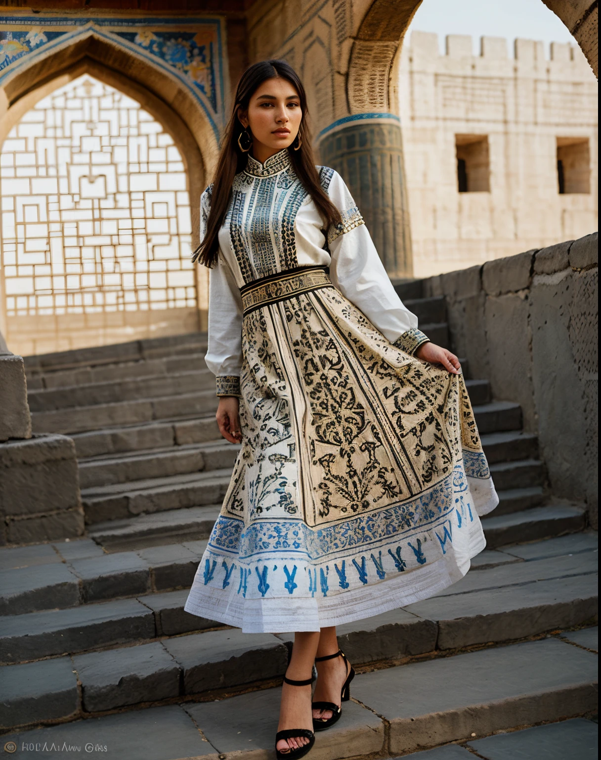 high fashion, hyperrealism, clothing in the style of the Ark fortress, the ancient citadel in Bukhara, Uzbekistan, material with a traditional pattern or drawings in the spirit of the works of artists of that time: at the same time, clothing models refer to those times,material decorated with traditional patterns or drawings inspired by the works of famous artists to create a unique image
