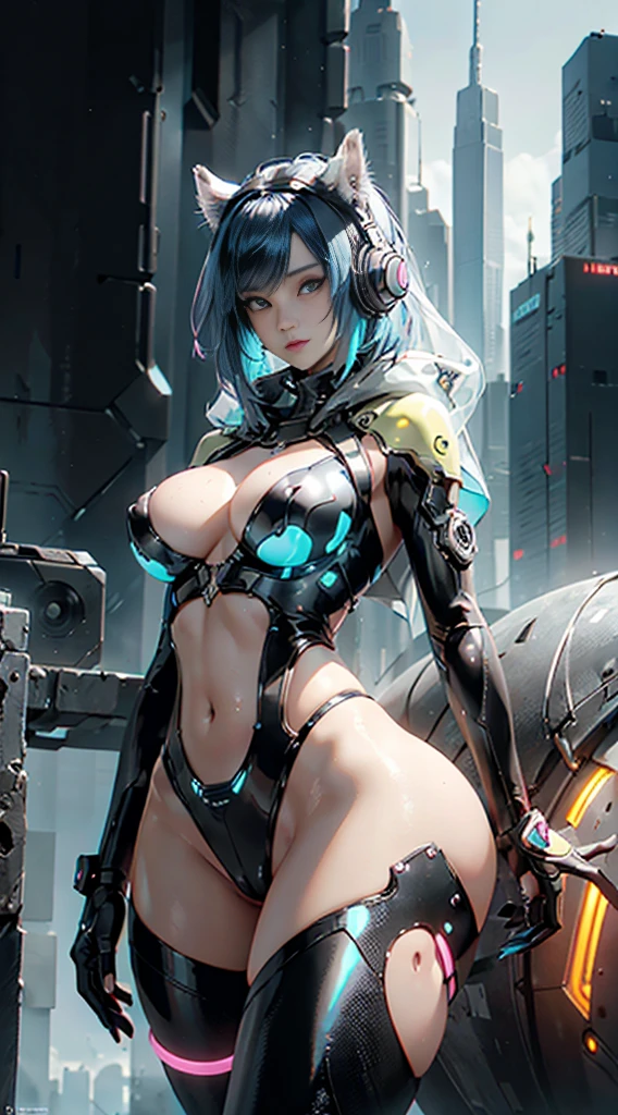 ((Highest quality)), ((masterpiece)), (the detail:1.4), (((Translucent mechanical parts and transparent skin++black rubber material++、++Gray carbon material++Beautiful women in cyberpunk by))), ((Wide chest)), mechanical garter belt, Carrying a fuel tank with a light-emitting LED, Knee Hipper, buttocks and thigh skin, stock ticker (HighDynamicRange), Ray traching, NVIDIA RTX, Hyper-Resolution, Subsurface scattering PBR texture, Post-processing, Anisotropy Filtering, depth of fields, Surface Coloring, Accurately simulate light/Matter interactions, perfect example, Two-tone lighting, largeaperture, Low ISO, White balance, 8K, (((Camel toes))), NSFW, (((Tall lady))), 25-year-old female, Brilliant LED, kneehigh, convex, cow boy shot, The skin of the buttocks and thighs, beaturiful body, Belly button visible on skin, feel gravity, ((Network hood with dimmed LED)), ((Headphones with glowing LEDs)), (humongous large breast: 1.3), (humongous large breast: 1.0), Cyberpunk's dazzling cityscape, skyscrapper, neonlight, LED lights, Bright and vivid color scheme, Bright and vivid color scheme, Sitting on the mechanical sofa, stooped, from below, 's, Grab the left hand with your right hand, (())), provocative facial expression, Beautiful bright blue hair with dull bangs+++ short-length straighthair))), ((Chemically dyed inner hair))), Anatomically shaped arms and fingers, golden example