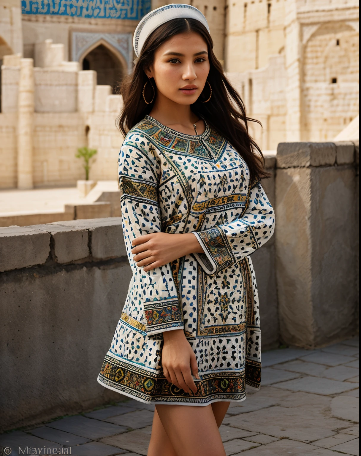 high fashion, hyperrealism, clothing in the style of the Ark fortress, the ancient citadel in Bukhara, Uzbekistan, material with a traditional pattern or drawings in the spirit of the works of artists of that time: at the same time, clothing models refer to those times,material decorated with traditional patterns or drawings inspired by the works of famous artists to create a unique image