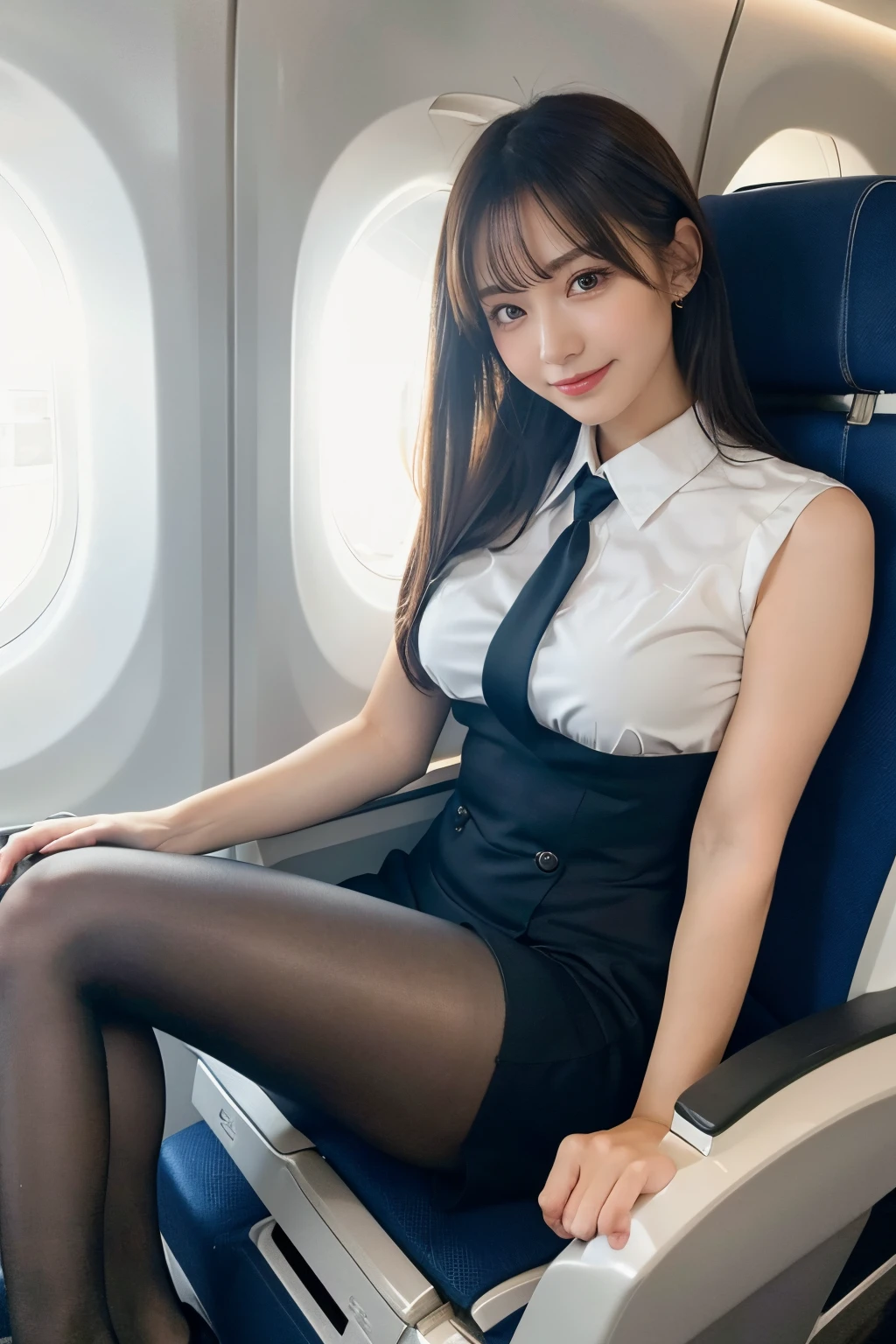 Sexy woman in flight attendant uniform、Ukraine、Ukrainian goddess、jaw-dropping beauty、Wear surreal pantyhose、Sit cross-legged on an airplane..........、A smile、high-heels、Gaming_nffsw (English) (English) (English) (English) (English) (English) (English) (English) (English) (English) (English), masutepiece, Best Quality, The reality of light, RAW photogr、8K, hight resolution, detailed skins, 8K, Ultra HD, dslr camera, Soft lighting, High quality, film grains, FUJI XT3, realistic skin textures、shiny skins、Naked on the thighs!!!