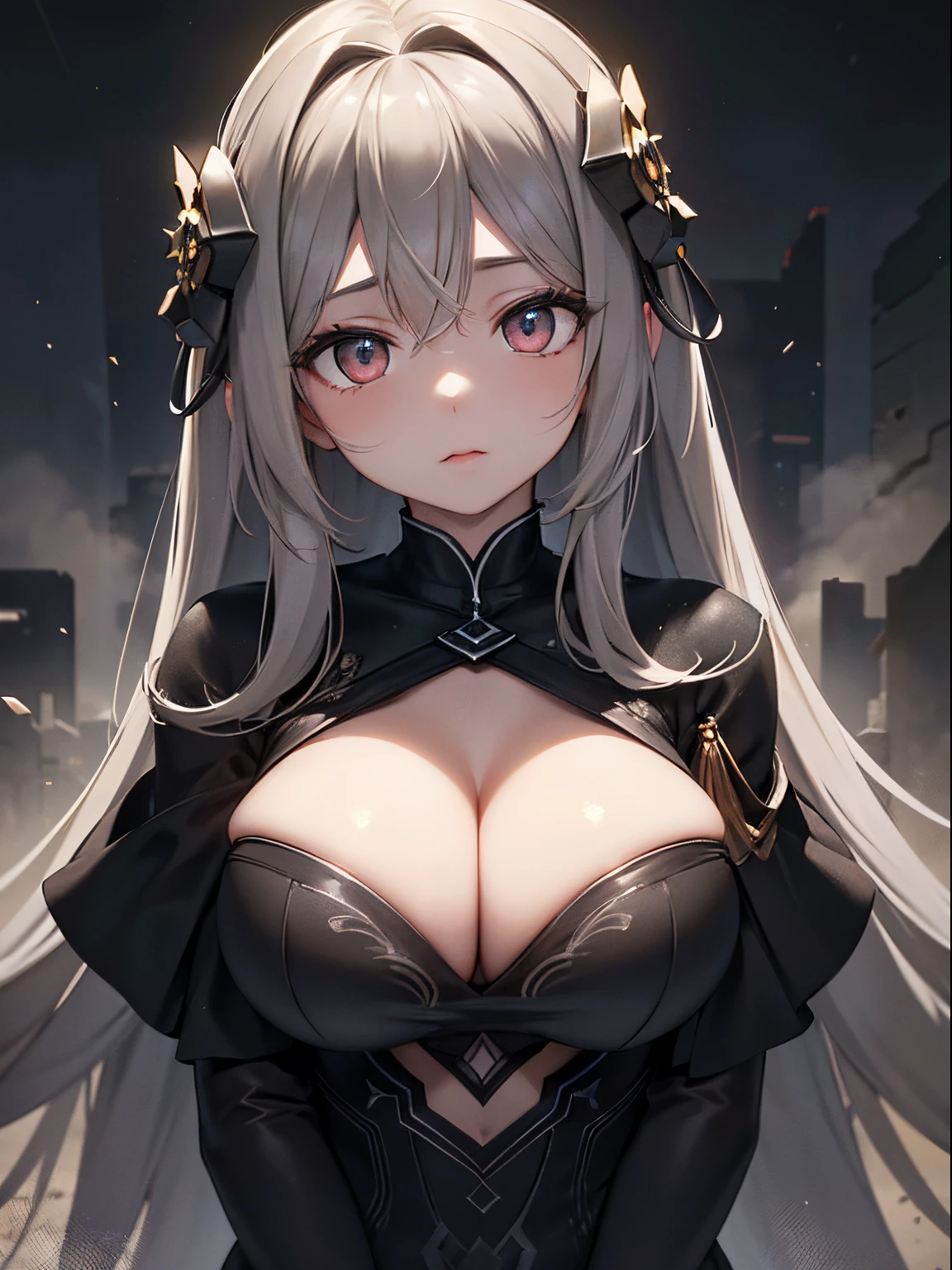 (masterpiece,best quality,ultra-detailed),1girl, large breast, glowing black eyes,long hair,(((dust beauty girl))),beautiful and detailed face, detailed eyes,night,dust particles in the air,((grey theme)),((((dust theme)))),