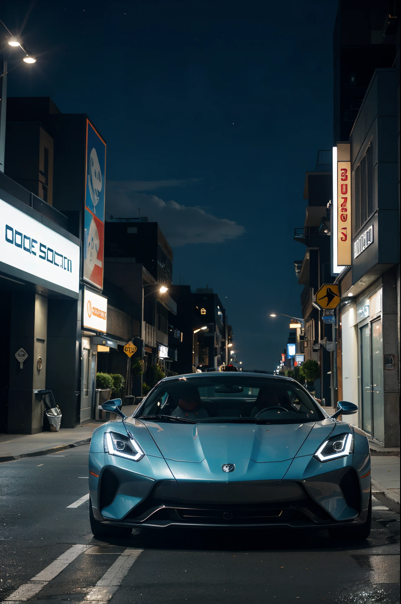 A futuristic sports car on the street of a futuristic city