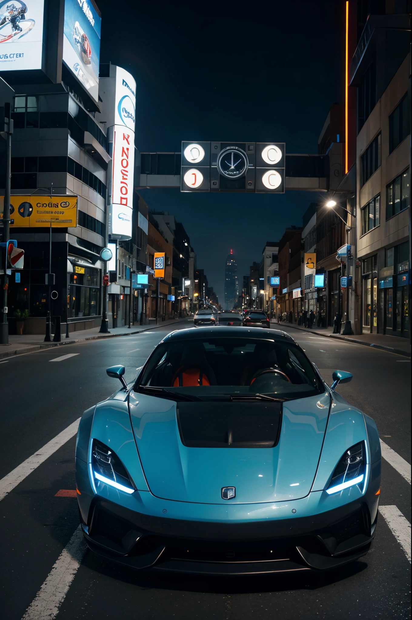 A futuristic sports car on the street of a futuristic city
