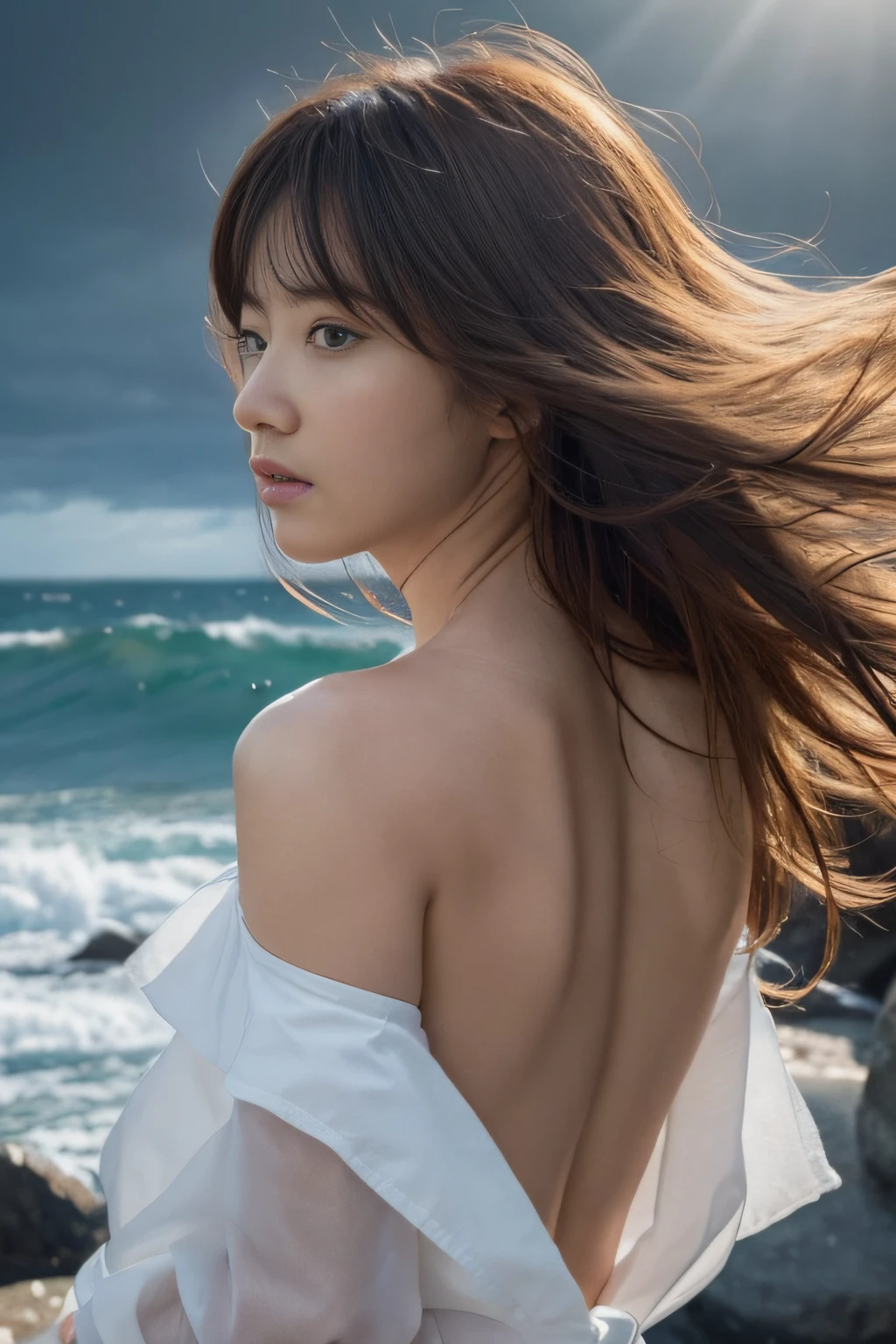 ((of the highest quality)),((masutepiece)),((Very beautiful)), Dramatic light and shadow, One girl, hair messy, Realistic skin texture, strong breeze, Rain, Rocky Shore, rough sea, Feminine pose