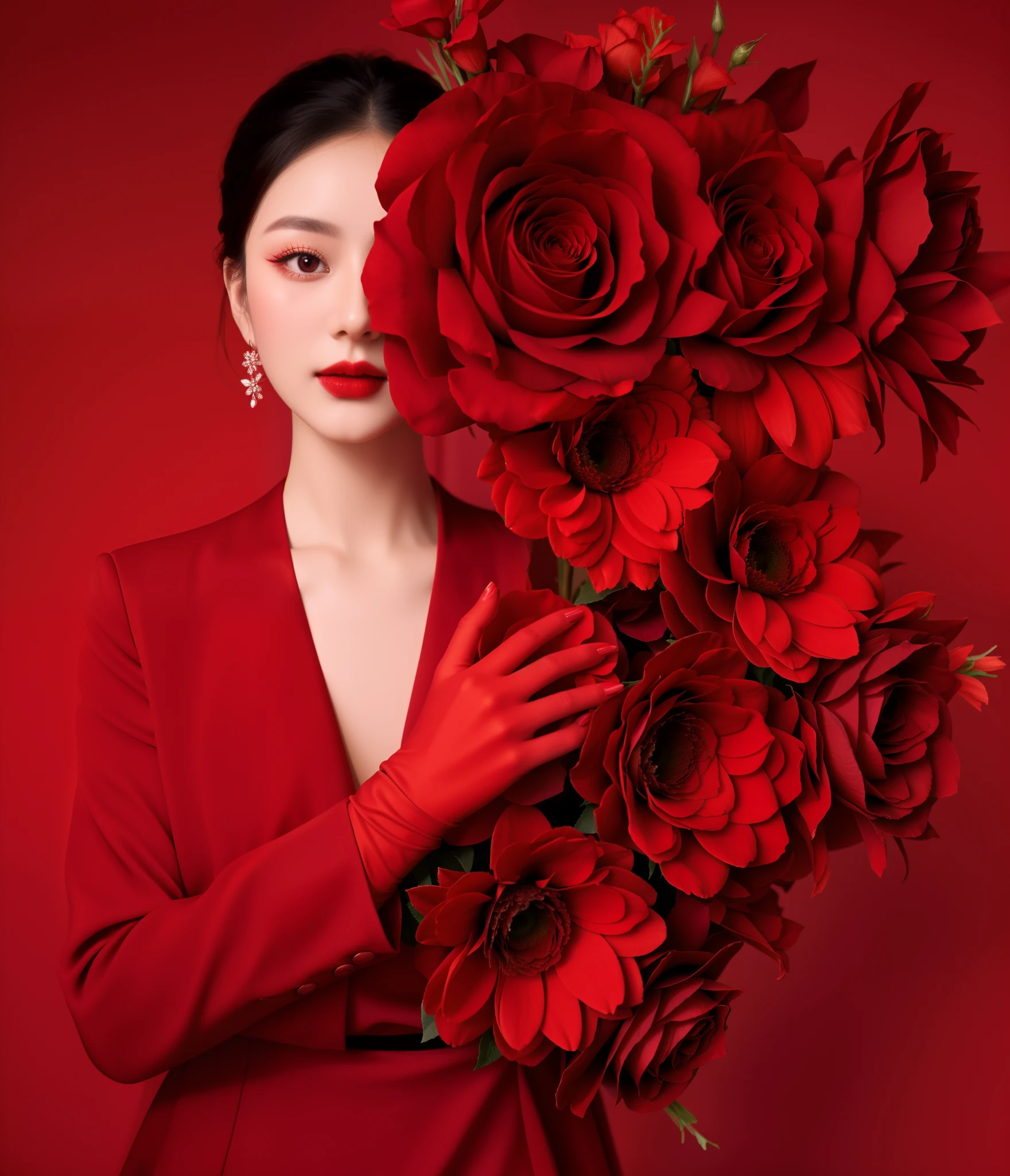Woman in red dress holding a bouquet of red flowers, rich red colors, all red, Shades of red, Vibrant red, red adornments, red colour, very red color, jingna zhang, red mood in background, fine art fashion photography, red tint, Red  the main color, red rose, Inspired by Liu Haisu, red tint, red adornments，Happy eyes，looks into camera