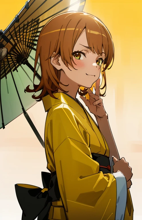 masutepiece, High quality, Best Quality, High resolution, 4K, High Definition, Beautiful lighting, Highly detailed face, well-drawn hands, well-drawn legs, well-drawn feet, (((well-drawn eyes))),1girl in, iroha, Brown hair, Short hair, yellow kimono，kimono，Sunny， Standing , a small face, smirking, From Side, Upper body only, The morning sun brightens everything,Looking at the viewer,camera sunlight, close up of face, face in photo，shrines，adult-like