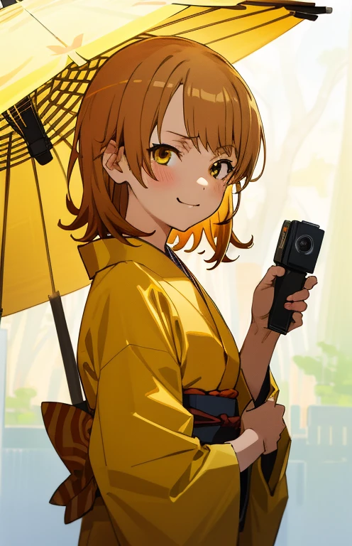 masutepiece, High quality, Best Quality, High resolution, 4K, High Definition, Beautiful lighting, Highly detailed face, well-drawn hands, well-drawn legs, well-drawn feet, (((well-drawn eyes))),1girl in, iroha, Brown hair, Short hair, yellow kimono，kimono，Sunny， Standing , a small face, smirking, From Side, Upper body only, The morning sun brightens everything,Looking at the viewer,camera sunlight, close up of face, face in photo，shrines，adult-like