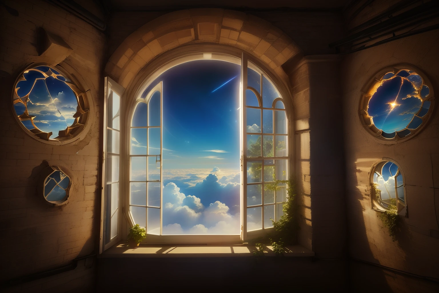 There  a window to see the sky and clouds, Open window ib background, The windows are open, Open the window, janelas, Window view, The windows are open, magic portal in the sky, photo of a beautiful window, windows into the space behind them, window to night time, space seen from window, window in center, The view from the window