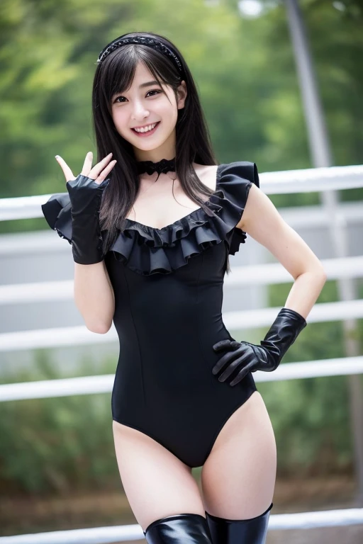 A pretty girl with perfect figure,(Lori,14years,150cm), (Lori,black leotard swimsuit with white ruffles), Very small breasts,Straight long hair,bangss,Stand in the ring of professional wrestling,extremely detailed face and skin, Detailed eyes, Double eyelids,Pose with hands on hips,long wrestling boots,Black Hair Band,Lace gloves,Less muscle,skinny thigh,Nogizaka46,Grinning smile