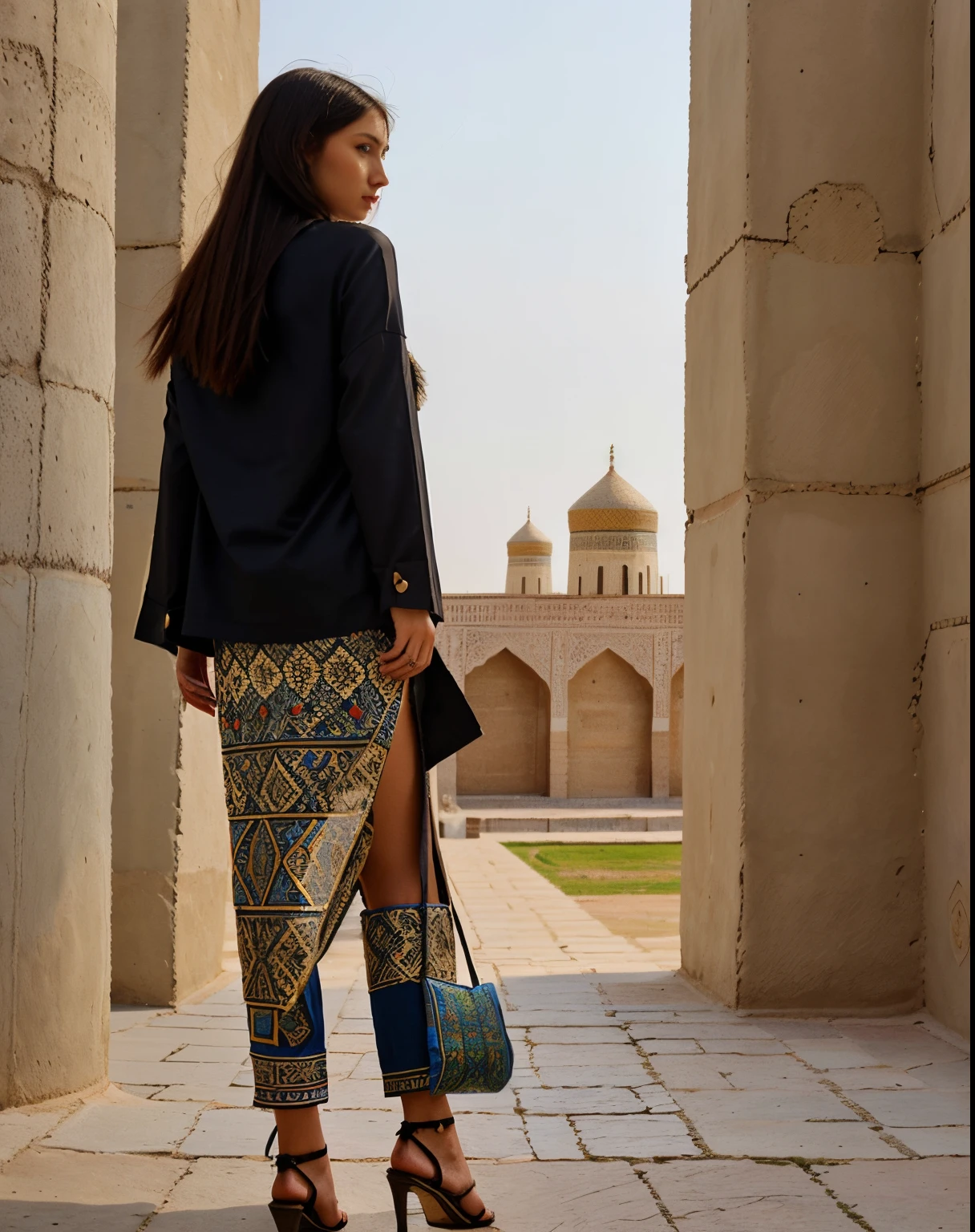 high fashion, hyperrealism, clothing in the style of the Ark fortress, the ancient citadel in Bukhara, Uzbekistan, material with a traditional pattern or drawings in the spirit of the works of artists of that time: at the same time, clothing models refer to those times,material decorated with traditional patterns or drawings inspired by the works of famous artists to create a unique image