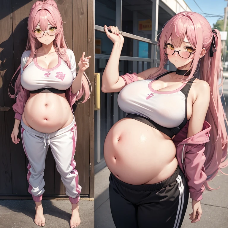 Full body girl, pregnant, cum on thighs, huge belly, cum on belly, huge breasts, cum on breasts, yellow eyes, glasses, shy, tsundere, embarrassed, pout, straight long hair, pink hair, visible belly, very thight sports bra, sweatpants, barefoot best quality