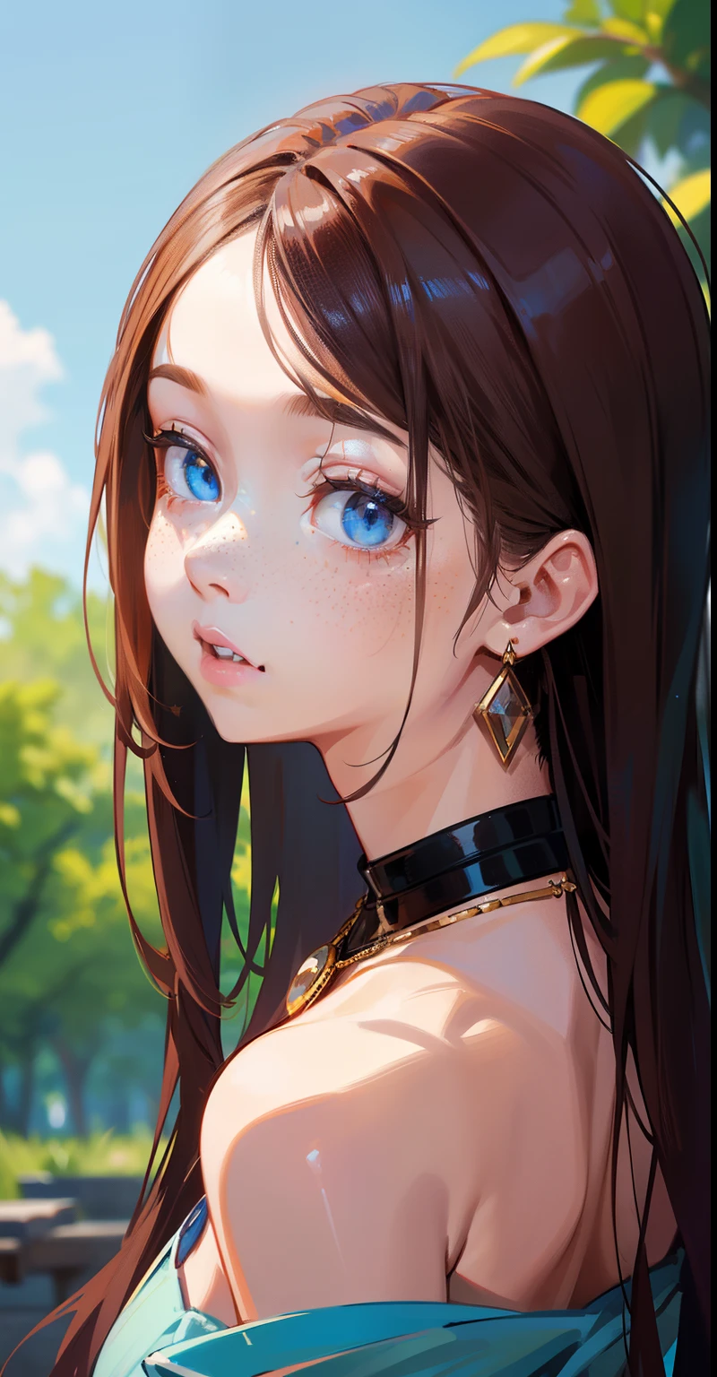 sam yang, 1girl, back, bare shoulders, blue eyes, brown hair, earrings, freckles, jewelry, lips, long hair, looking at viewer, looking back, necklace, off the shoulder, parted lips, portrait, day, depth field, soil, ((masterpiece))