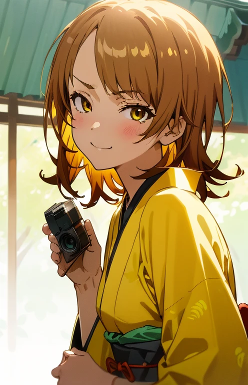 masutepiece, High quality, Best Quality, High resolution, 4K, High Definition, Beautiful lighting, Highly detailed face, well-drawn hands, well-drawn legs, well-drawn feet, (((well-drawn eyes))),1girl in, iroha, Brown hair, Short hair, yellow kimono，Kimono，Sunny， Standing , a small face, smirking, From Side, Upper body only, The morning sun brightens everything,Looking at the viewer,camera sunlight, close up of face, face in photo，shrines，-Like that