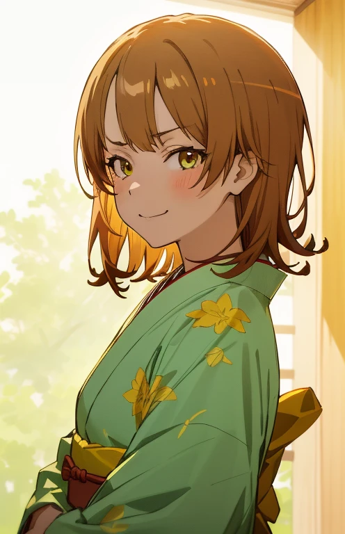 masutepiece, High quality, Best Quality, High resolution, 4K, High Definition, Beautiful lighting, Highly detailed face, well-drawn hands, well-drawn legs, well-drawn feet, (((well-drawn eyes))),1girl in, iroha, Brown hair, Short hair, yellow kimono，Kimono，Sunny， Standing , a small face, smirking, From Side, Upper body only, The morning sun brightens everything,Looking at the viewer,camera sunlight, close up of face, face in photo，shrines，-Like that