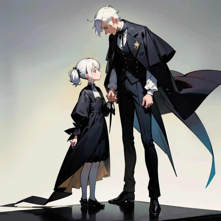 Two people in one uneven buddy combination、both sexes、A cute with white hair and small height、Black haired adult male tall handsome avenger、two are killers、always together、The world of 19th century Europe、full bodyesbian、Standing Picture、charicature、There is a physical disparity、holding a girl