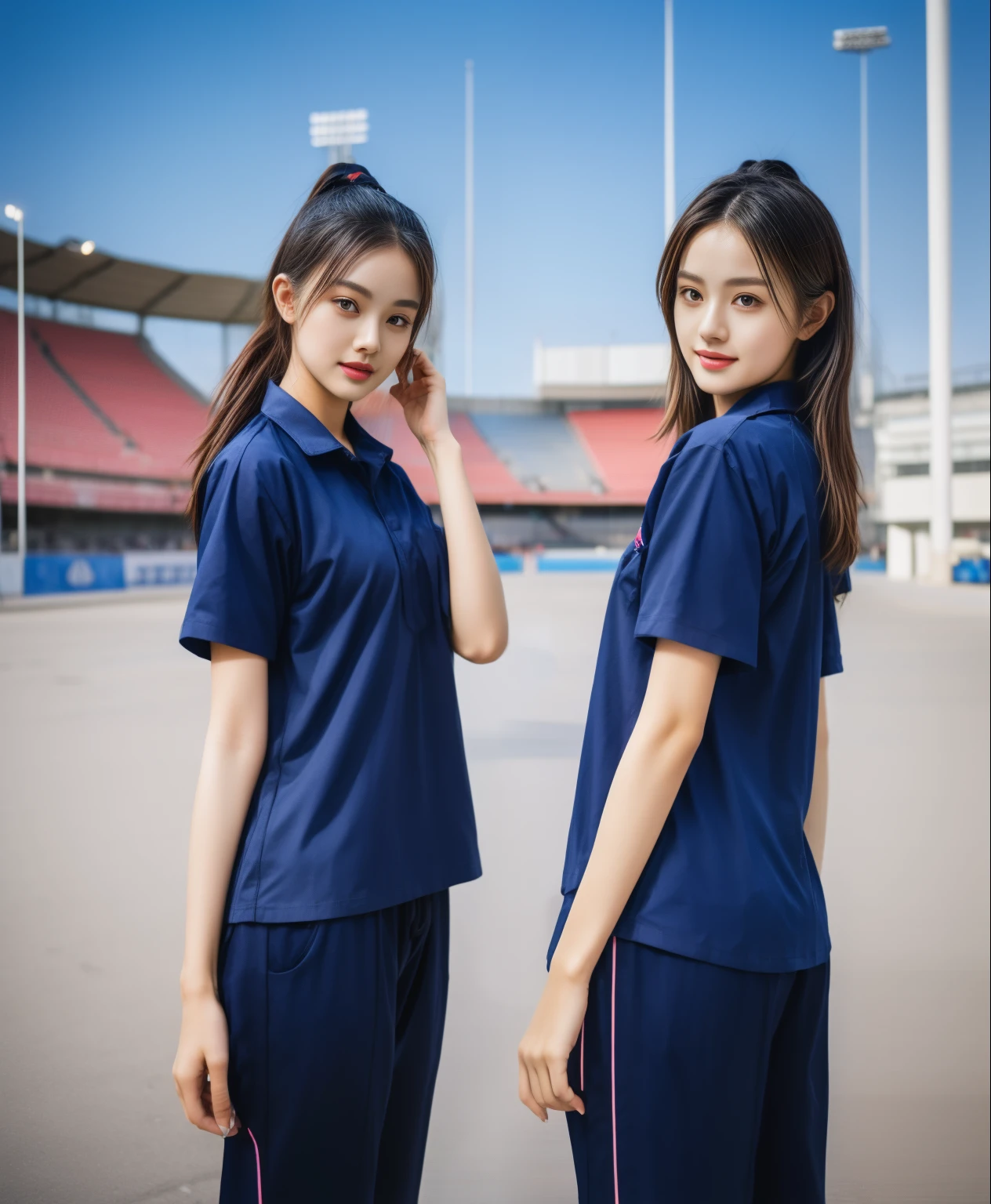 (bestquality,10,10,highres,masterpiece:1.2),ultra-detail,(Realistic,photorealistic portrait,photo-realistic:1.37),1 Cute girl in the football field,oily shiny skin,bara,light smile,BDclothelue shirt:1.3)),short sleeves,shirt, trousers.,(navy_long_Pants Track:1.1), ((Stadium Background:1.3)),dynamic angle,excited,face focus,Dynamic Poses,from behide,Ass Focus,masterpiece, bestquality, ultra realistic, hyper-detail, 8k resolution, RAW photo, crisp focus, ((Navy blue shirt:1.1)), short sleeves, Long Path, Perfect body, 2 mature women, 18yo, cinematic light,Blue sweatpants,Gymware,Correct anatomy,Complete body, Correct body, sharp face, Anatomically correct body, full entire body, Realistic gestures, long-haired, Realistic poses,Wear long shorts...............................,Long leg span,Shapely,Sculpting Girl, Slender Figure, mannequin mannequins, Shapely, Beautiful body,Blue sweatpants, Two girls kissing