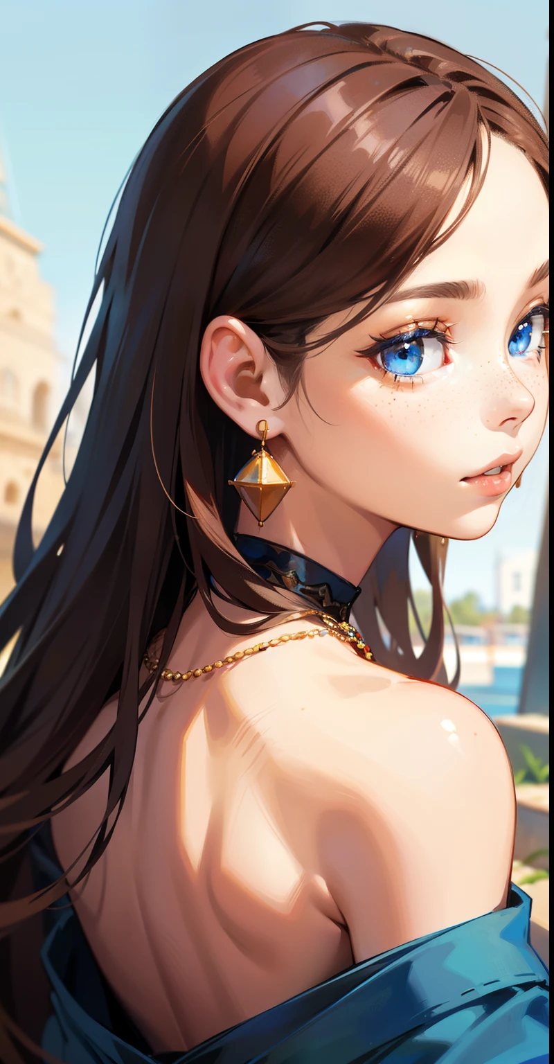 sam yang, 1girl, back, bare shoulders, blue eyes, brown hair, earrings, freckles, jewelry, lips, long hair, looking at viewer, looking back, necklace, off the shoulder, parted lips, portrait, day, depth field, soil, ((masterpiece))