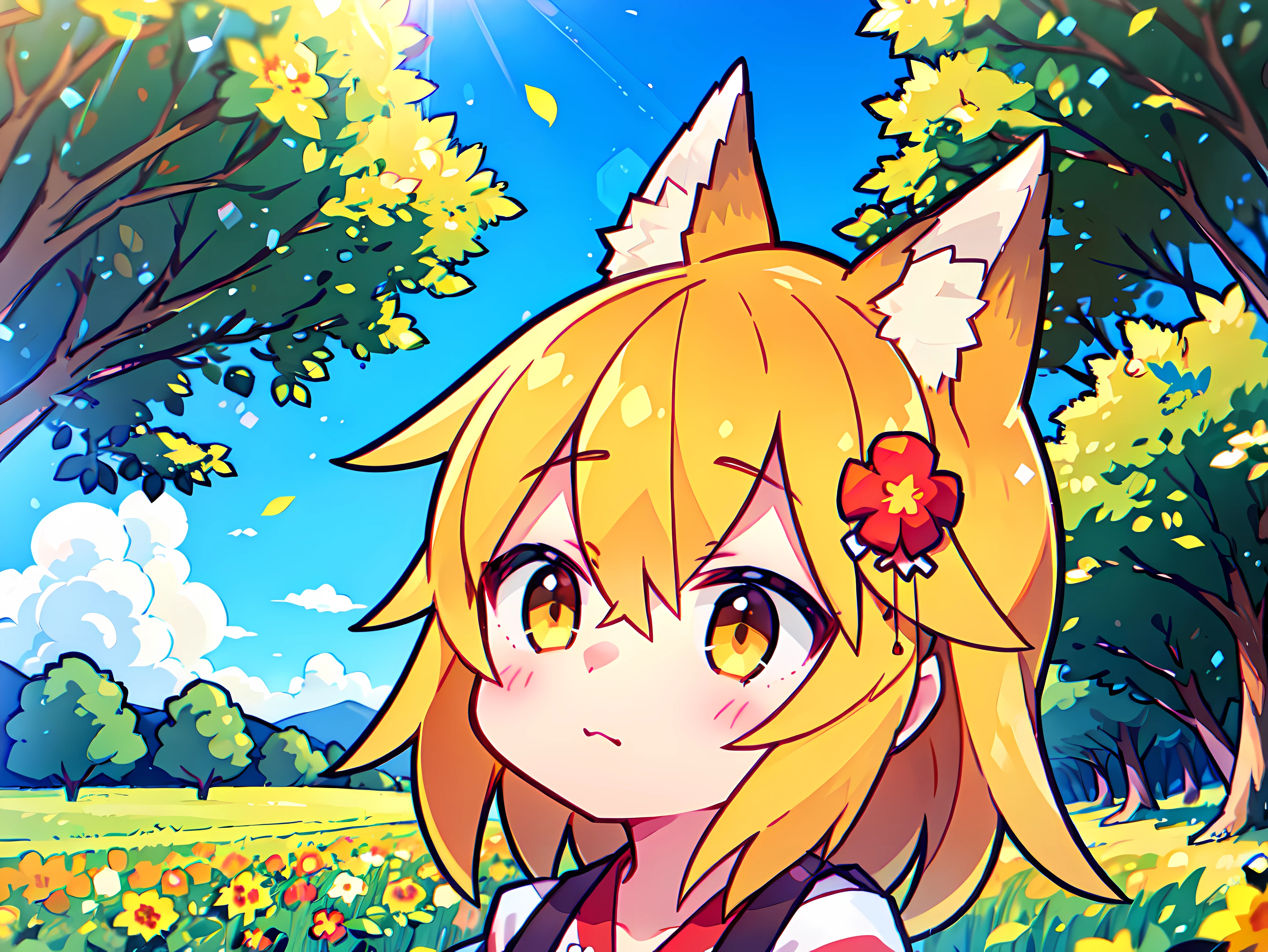 A girl, Fox ears, field, Orange flowers. Super detailed, Detailed ears, Detail Eyes, Girls 4K, Detailed flowers, beautiful clouds, detailed blocks, Beautiful trees, trees in the background, Detailed trees