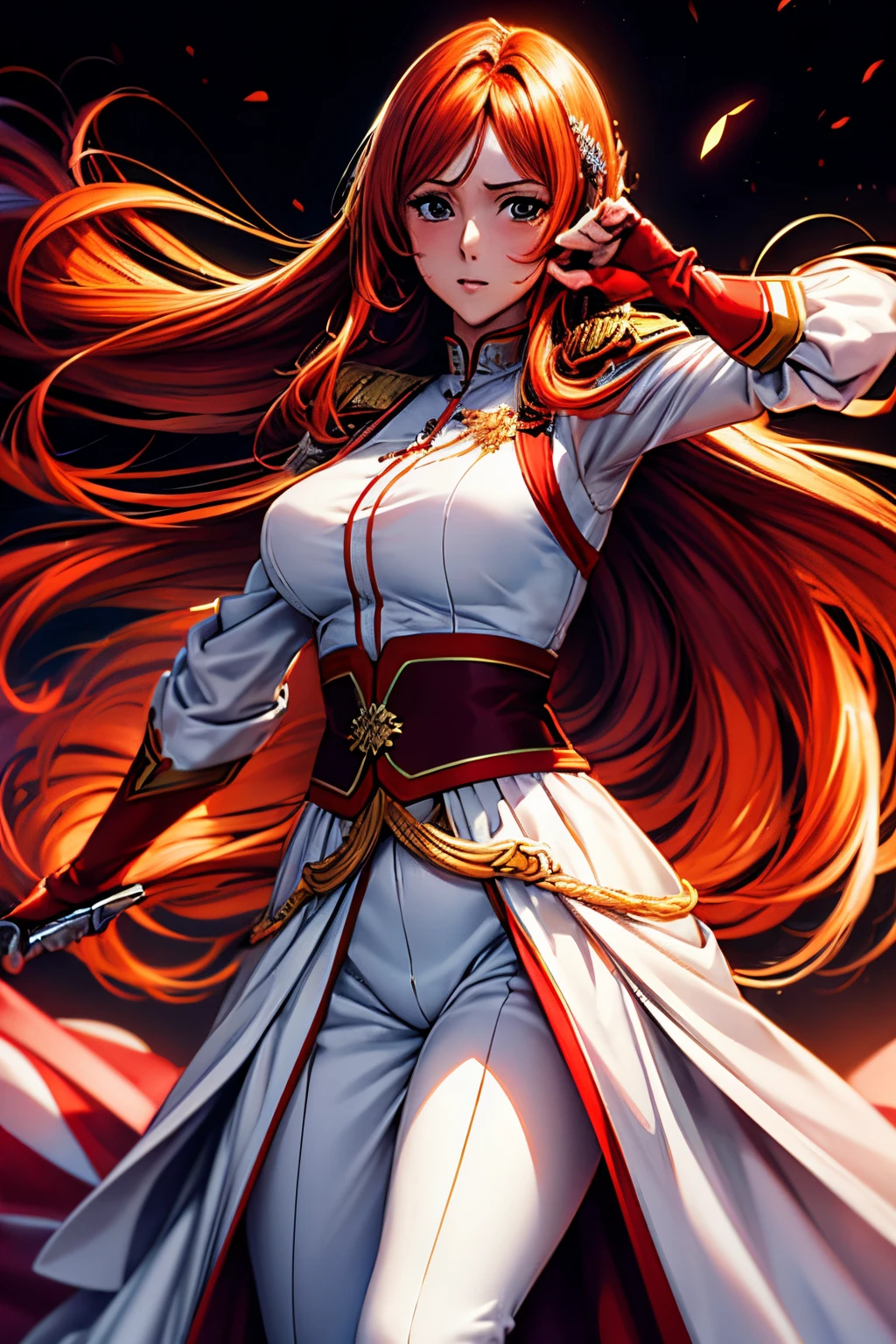 (Best quality at best,8K,A high resolution,tmasterpiece:1.2),Digital artwork,A woman in her twenties,With beautiful flowing red hair,gentle expressions,'s, lacivious pose, inoueorihime,Full body like,White combat uniform