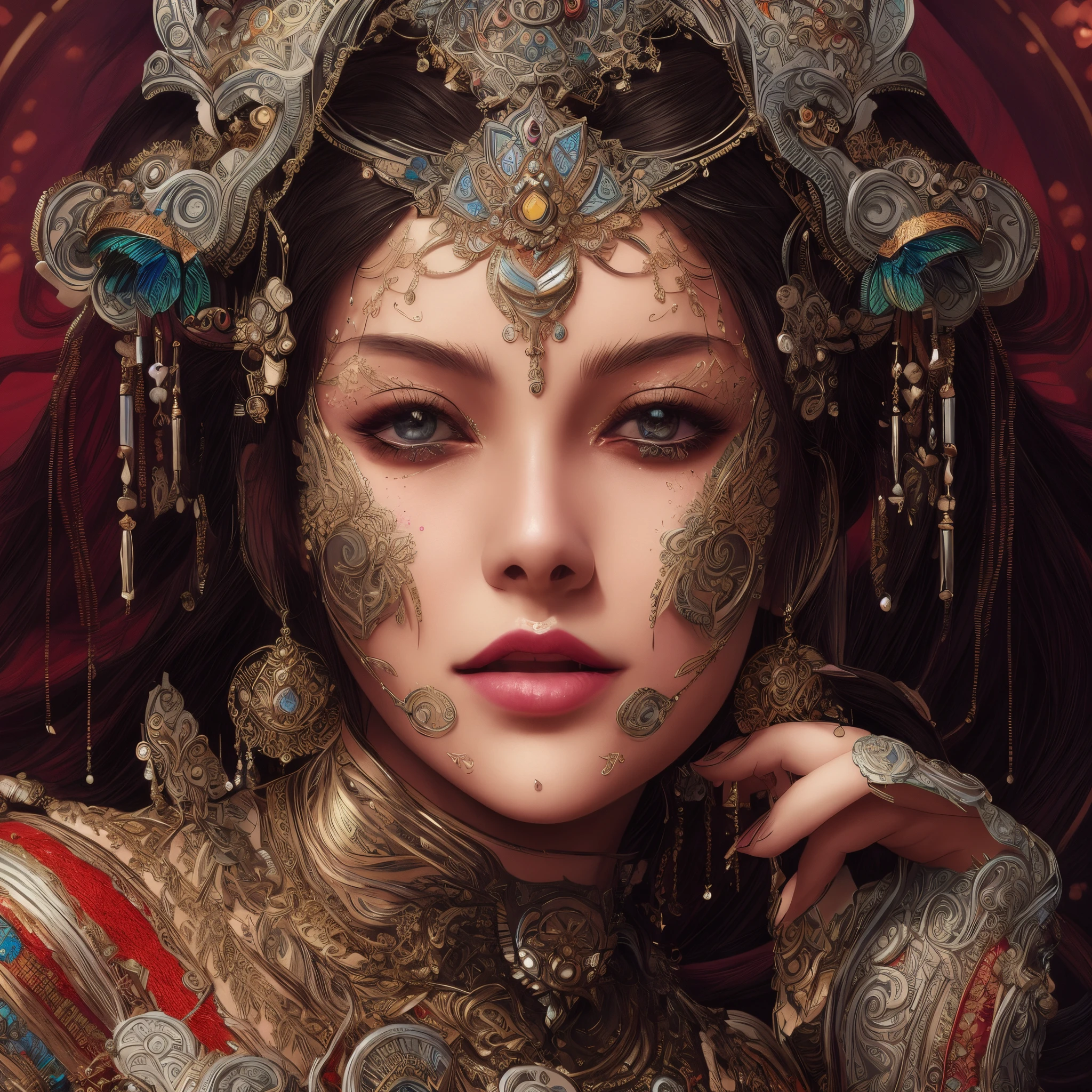 a woman with a colorful headpiece and jewelry on her face, 4k highly detailed digital art, 4k detailed digital art, great digital art with details, elaborate digital art, intricate wlop, colorfull digital fantasy art, detailed fantasy digital art, hyperdetailed fantasy character, 8k high quality detailed art, beautiful art uhd 4 k, ultra-detailed digital art