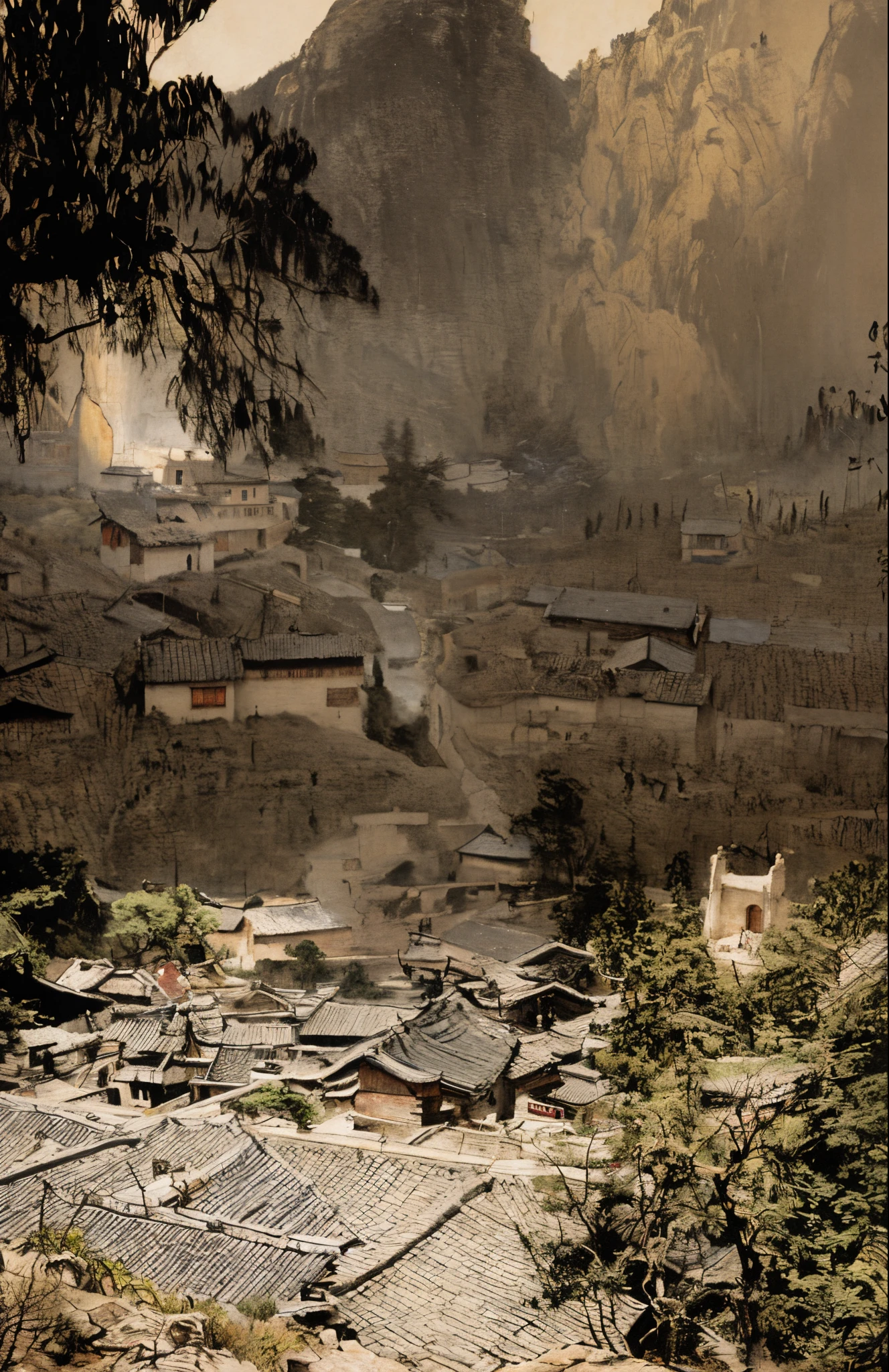 Small village overlooking the creek, The style influenced by ancient Chinese art, detail-rich,light black light ocher, chinese paintings, Ink painting and watercolor, Bashan people, Xu Wei, organic architecture, Hiking, unpretentious nature
