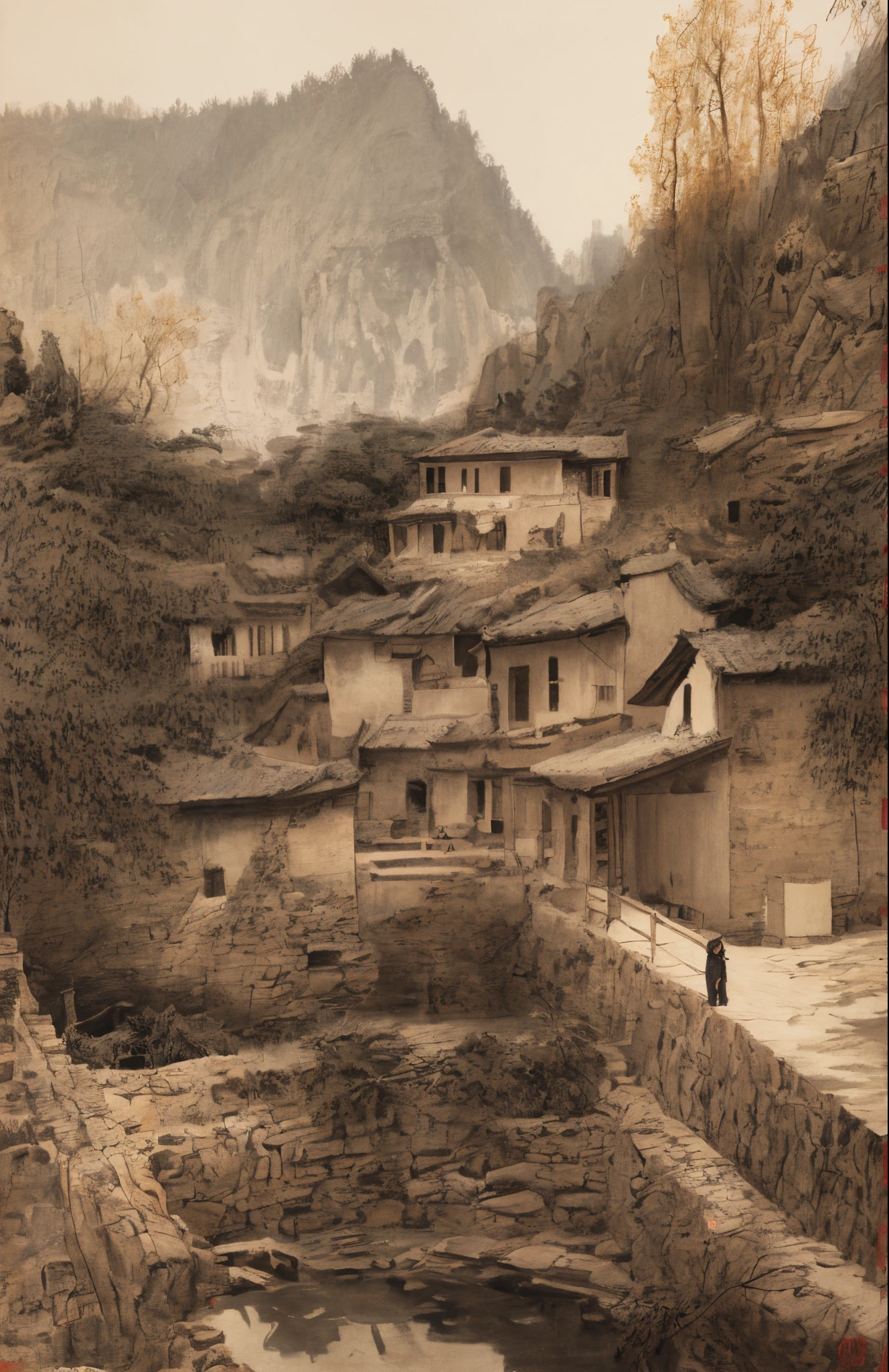 Small village overlooking the creek, in the style of influenced by ancient chinese art, light and light black, chinese paintings, Ink painting and watercolor, Bashan people, Xu Wei, , organic architecture, Hiking, unpretentious nature