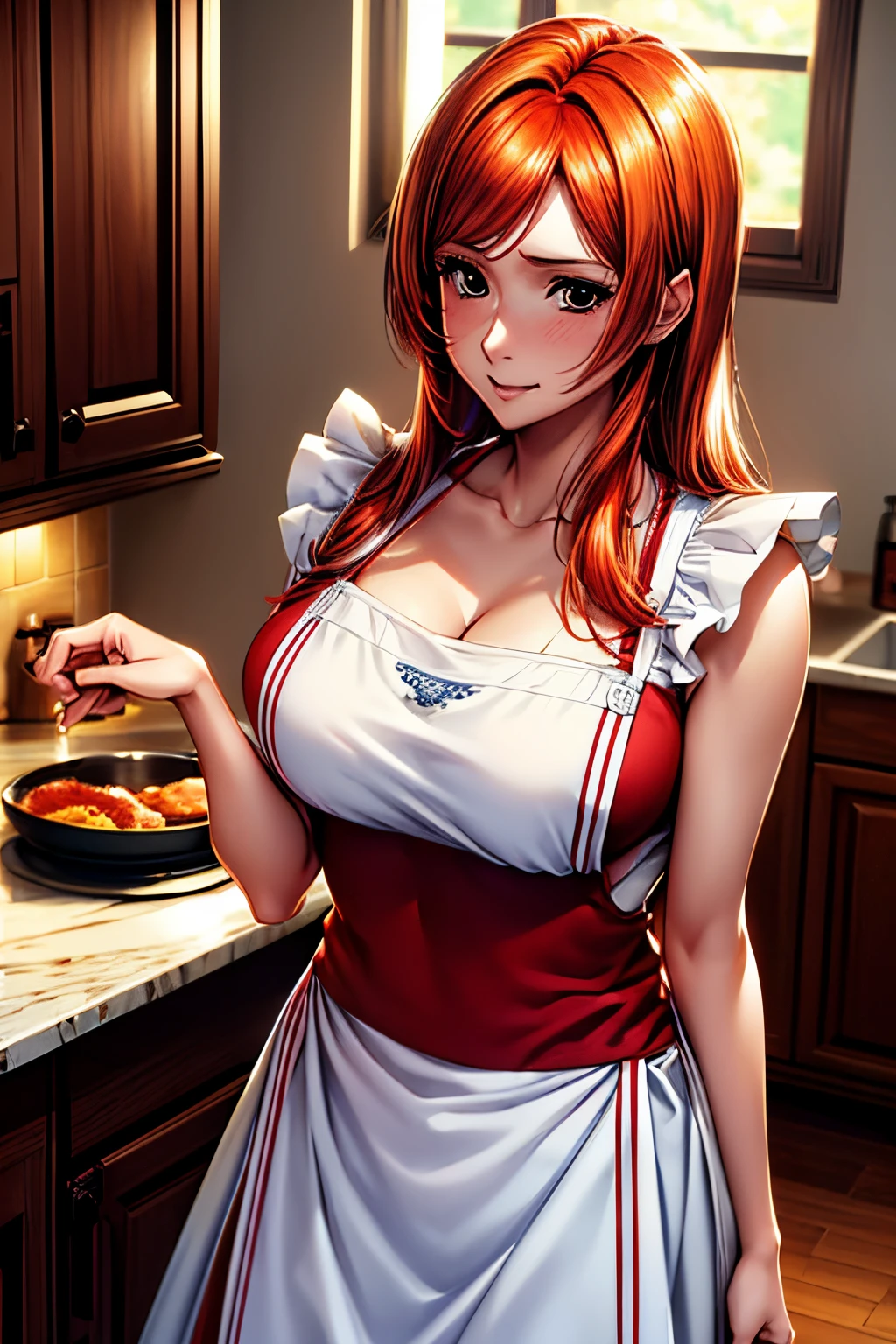 (Best quality,8K,A high resolution,tmasterpiece:1.2),Digital artwork,A woman in her twenties，with beautiful red hair,gentle expressions,'s, lacivious pose, inoueorihime，Home，aprons