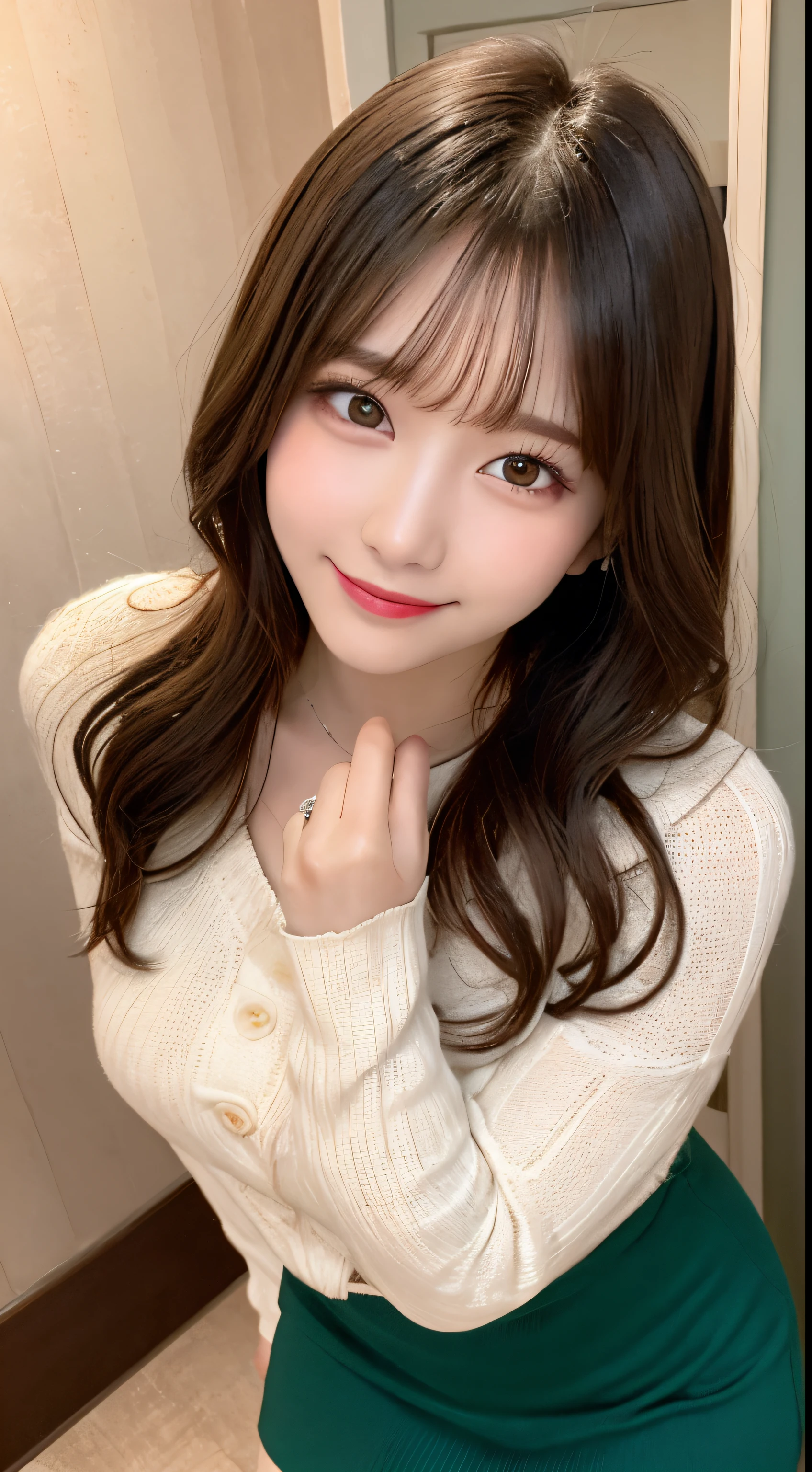 masutepiece, Best Quality, Illustration, Ultra-detailed, finely detail, hight resolution, 8K Wallpaper, Perfect dynamic composition, Beautiful detailed eyes, Knitted Dresses(Mermaid skirt),Medium Hair, mid-chest, Natural Color Lip, Random and sexy poses,Smile,a room(Blur the background),20 years girl,Cute,Winter clothes