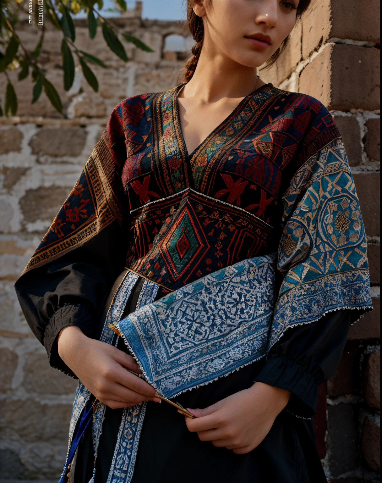 high fashion, hyperrealism, clothing in the style of the Ark fortress, the ancient citadel in Bukhara, Uzbekistan, material with a traditional pattern or drawings in the spirit of the works of artists of that time: at the same time, clothing models refer to those times,material decorated with traditional patterns or drawings inspired by the works of famous artists to create a unique image