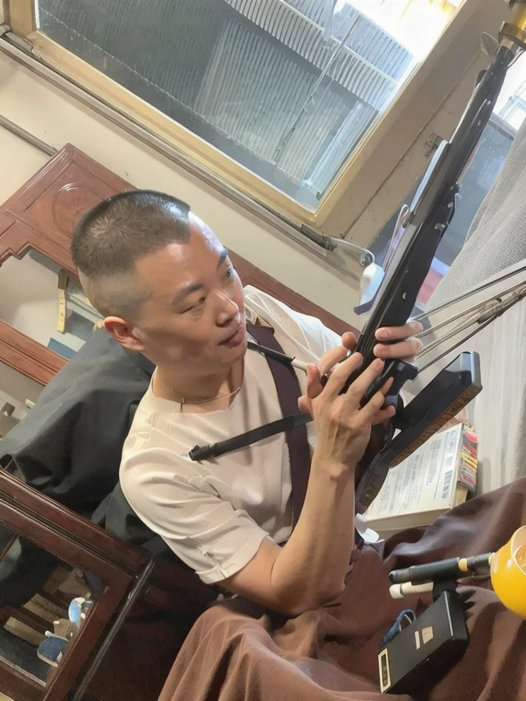 There was a man sitting at the table，holding a gun in her hand, chinese artist, huifeng huang, Shaw Peter, 千 葉 雄 大, zeng fanzh, Shoot with an iPhone, Shot on iPhone 1ro, very very low quality picture, Middle Metaverse, qi sheng luo