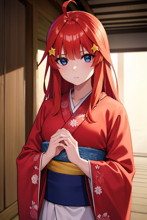 Satsuki Nakano, Itsuki Nakano, Bangs, Blue eyes, hair between eye, Ahoge, Red hair, Star \(symbol\), Hair Ornament, Star hair ornament,Red kimono，kimono，Sunny，adult-like，shrines，BREAK looking at viewer, BREAK (masutepiece:1.2), Best Quality, High resolution, Unity 8k壁纸, (Illustration:0.8), (Beautiful detailed eyes:1.6), extra detailed face, Perfect Lighting, extremely details CG, (Perfect hands, Perfect Anatomy),