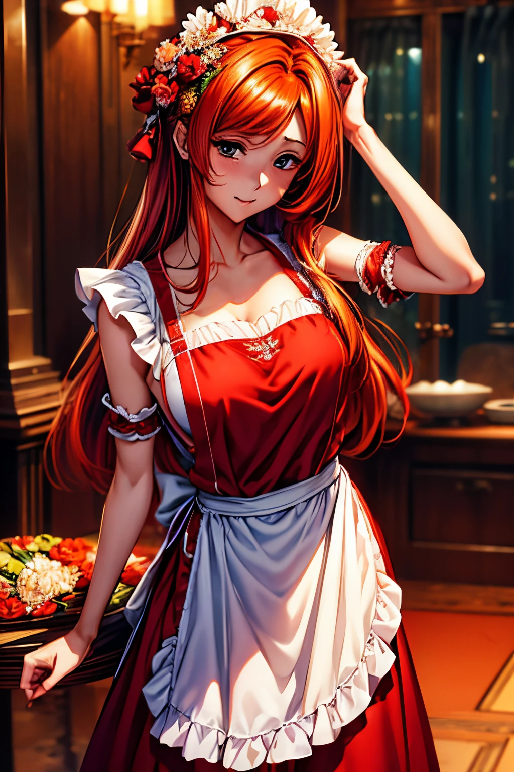 (Best quality at best,8K,A high resolution,tmasterpiece:1.2),Digital artwork,A woman in her twenties，with beautiful red hair,gentle expressions,'s, inoueorihime，Duan，Exposed apron，Petal headdress