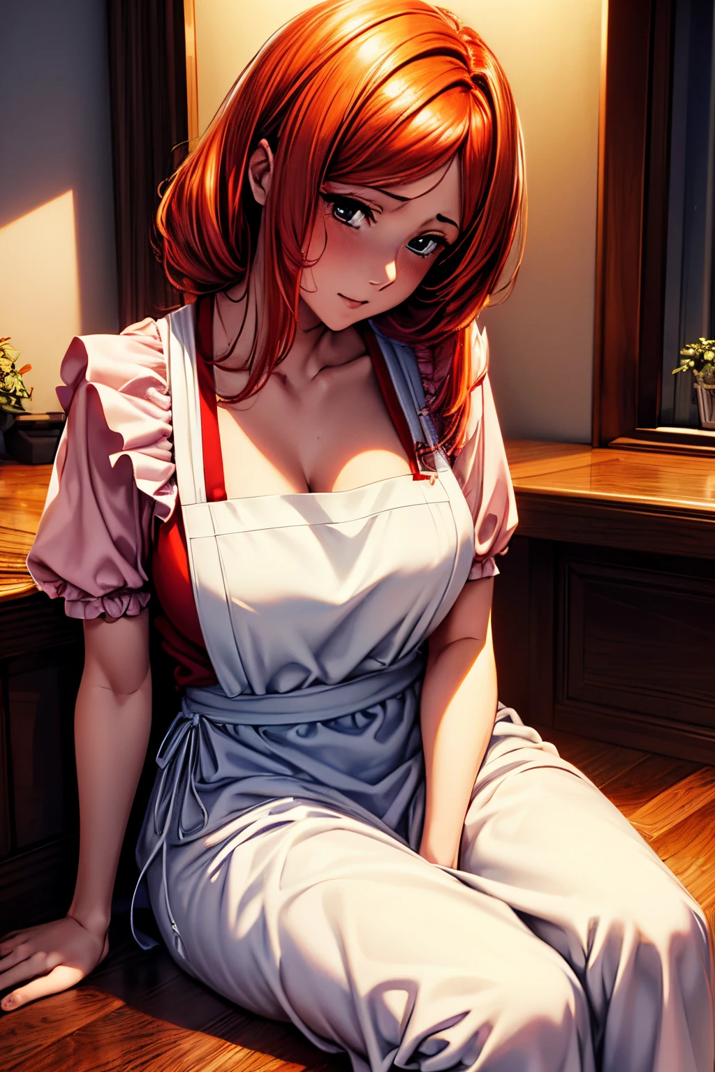 (Best quality,8K,A high resolution,tmasterpiece:1.2),Digital artwork,A woman in her twenties，with beautiful red hair,gentle expressions,'s, lacivious pose, inoueorihime，Home，aprons